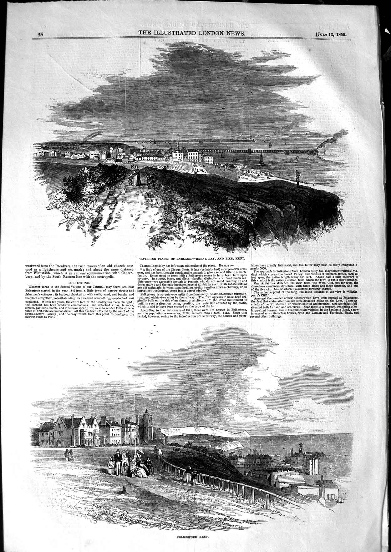 Original Old Antique Print 1850 England Herne Pier Kent Folkestone Victorian