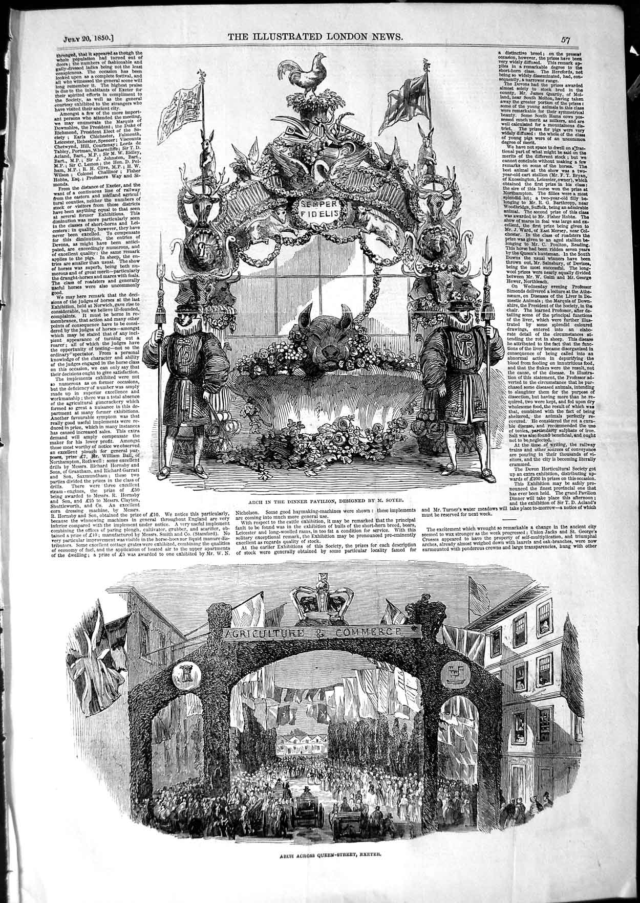 Original Old Antique Print 1850 Arch Dinner Pavilion Soyer Queen Street Exeter