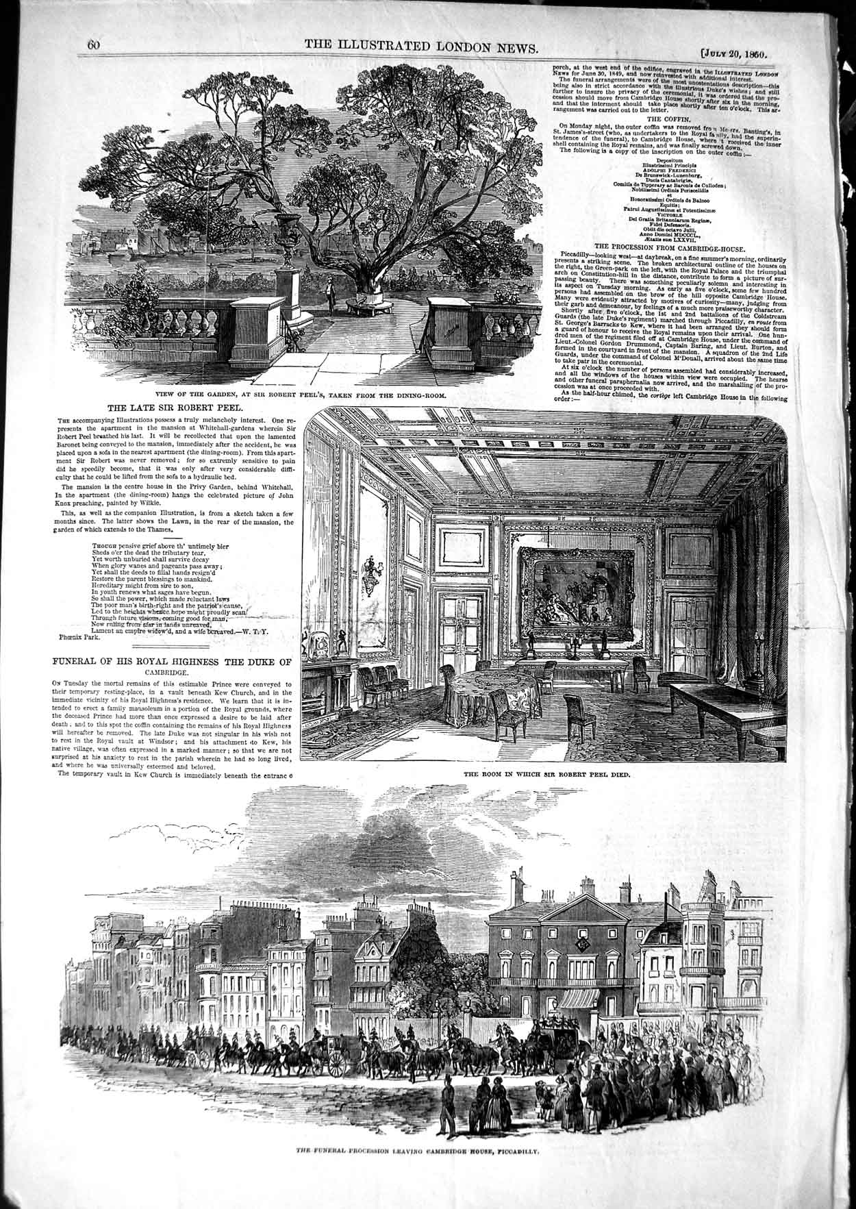 Original Old Antique Print 1850 Robert Peel Garden Funeral Cambridge Piccadilly