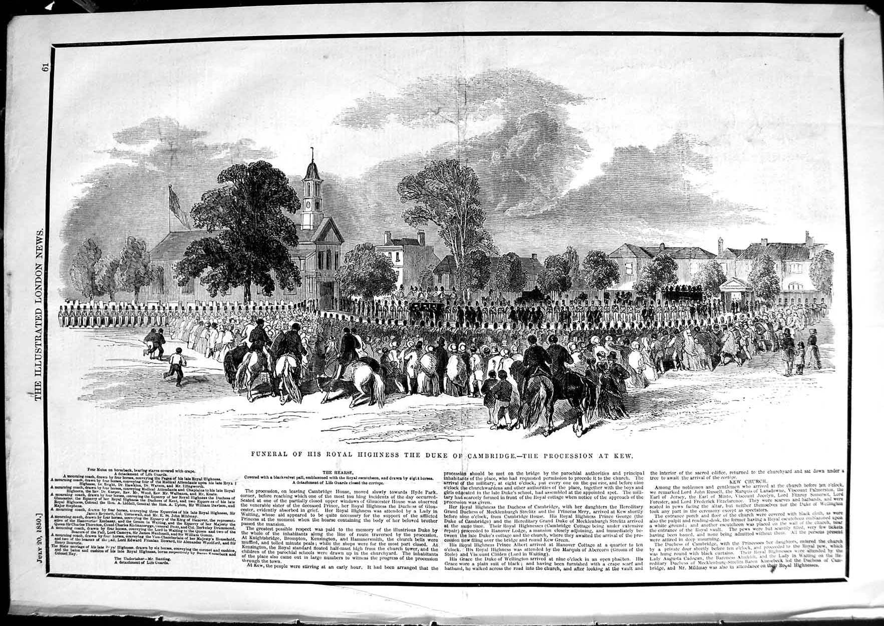 Original Old Antique Print 1850 Funeral Royalty Duke Cambridge Procession Kew