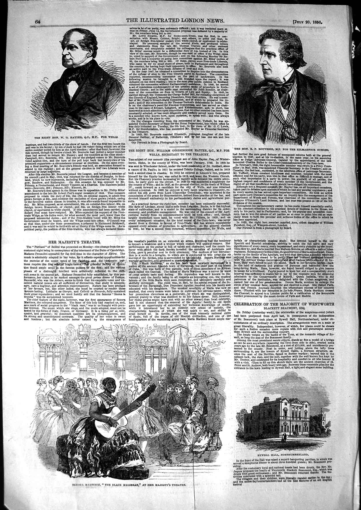 Original Old Antique Print 1850 Senora Martinez Theatre Bywell Hayter Bouverie