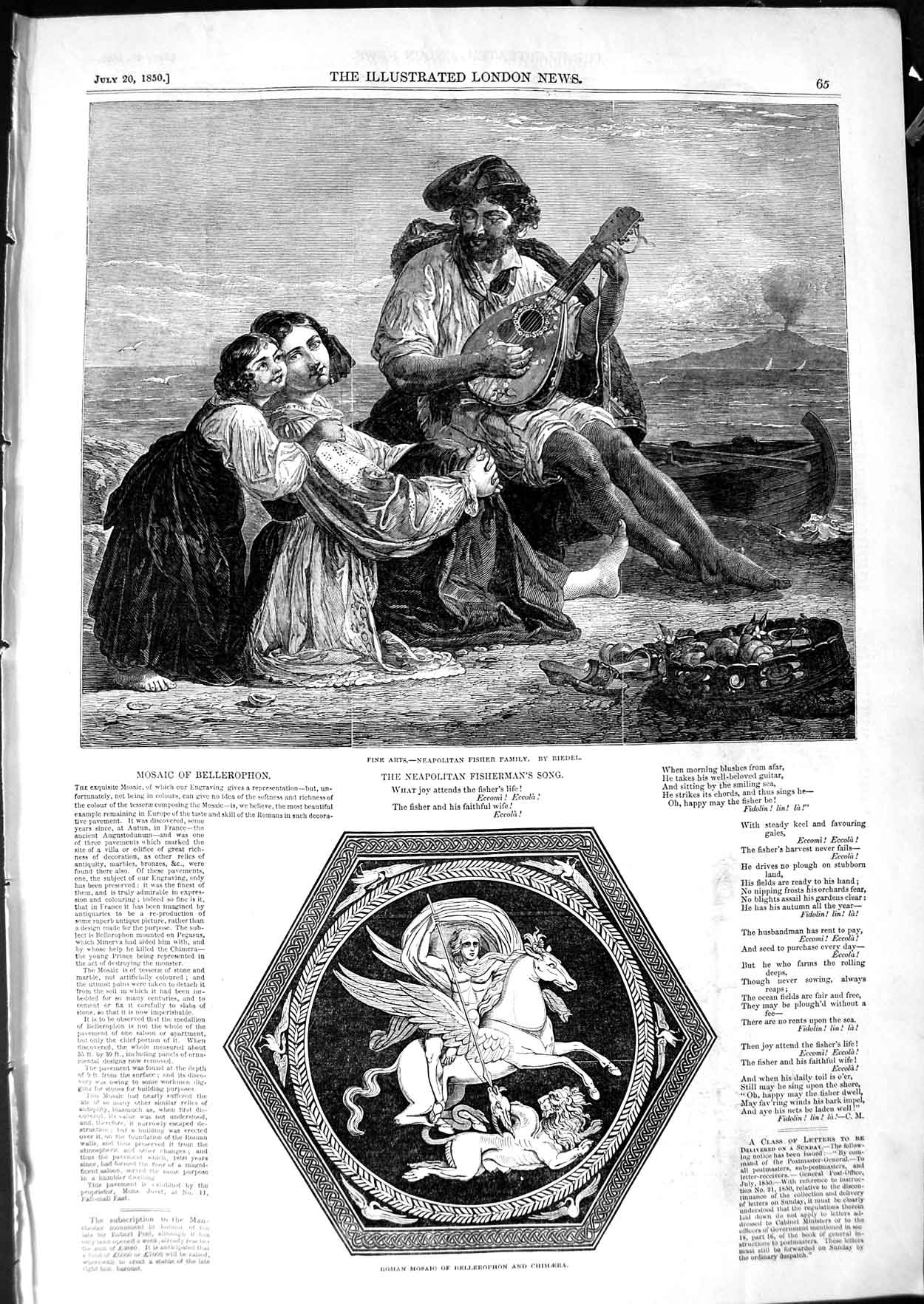 Original Old Antique Print 1850 Roman Mosaic Bellerophon Chimaera Fisher Family