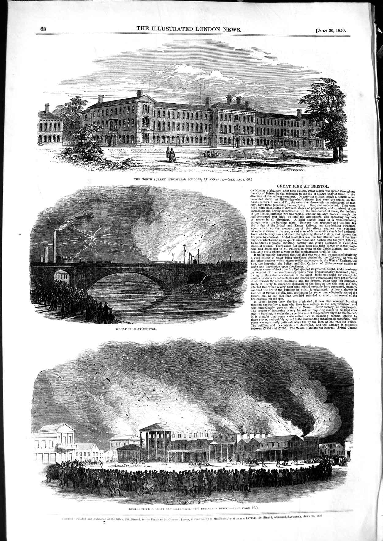 Old Antique Print 1850 Surrey School Annerly Fire San Francisco Bristol 19th