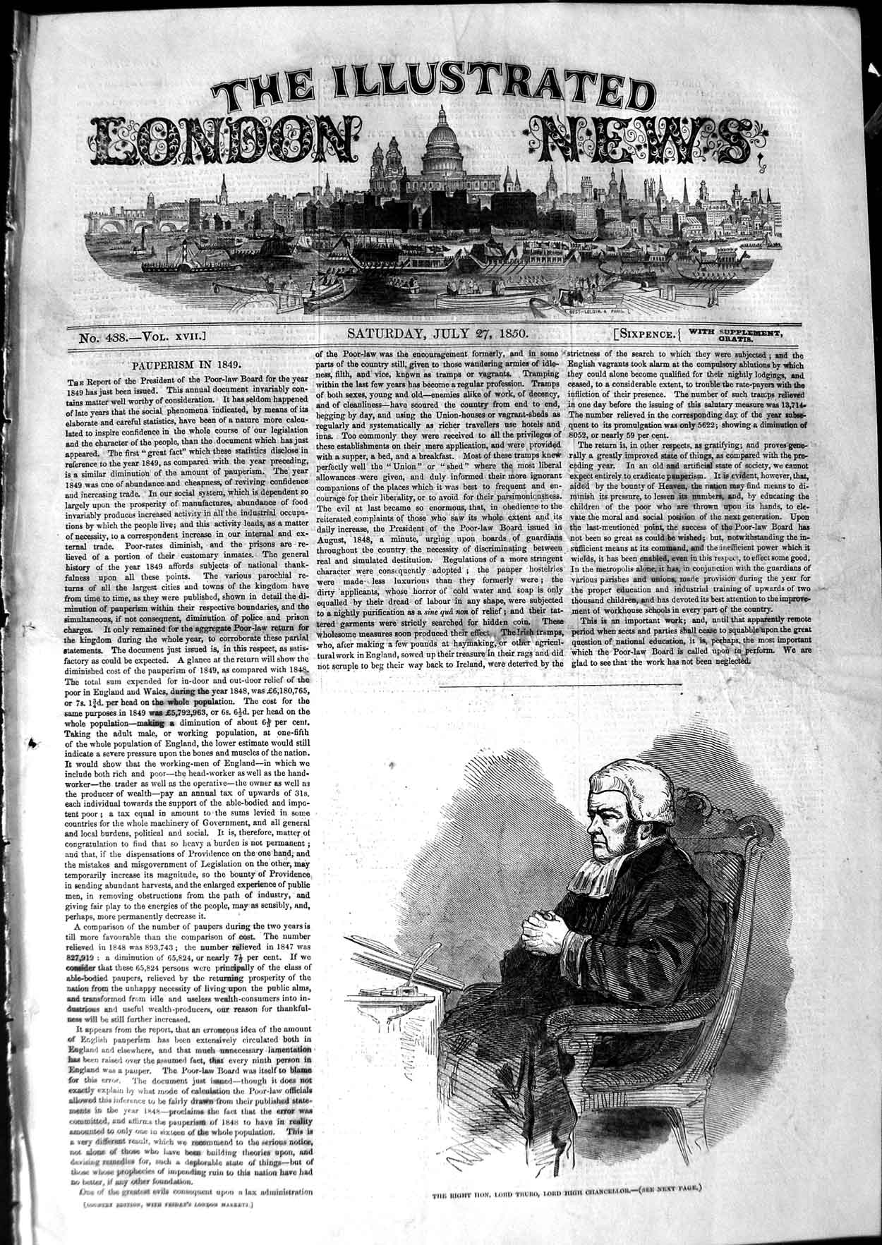 Original Old Antique Print 1850 Portrait Lord Truro High Chancellor Victorian