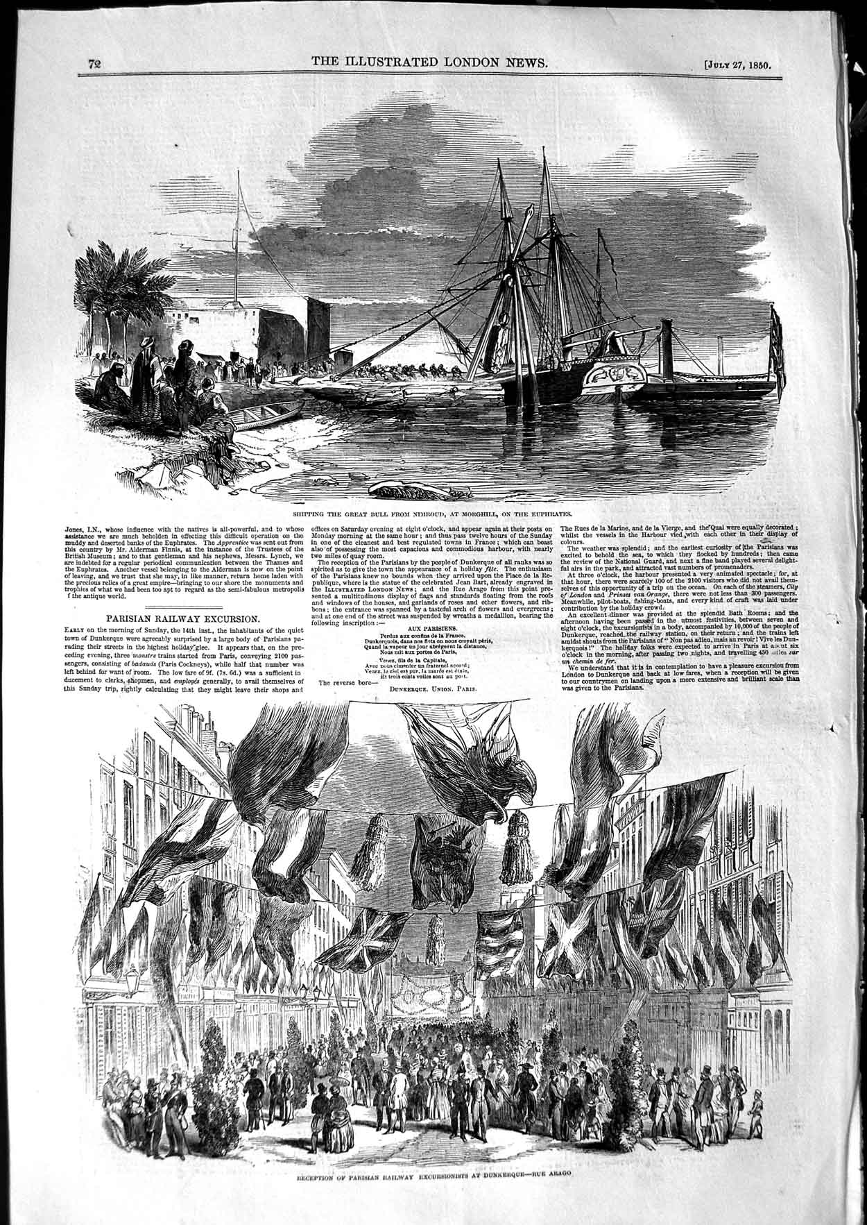 Old Antique Print 1850 Paris Railway Dunkerque Arago Ship Bull Euphrates 19th