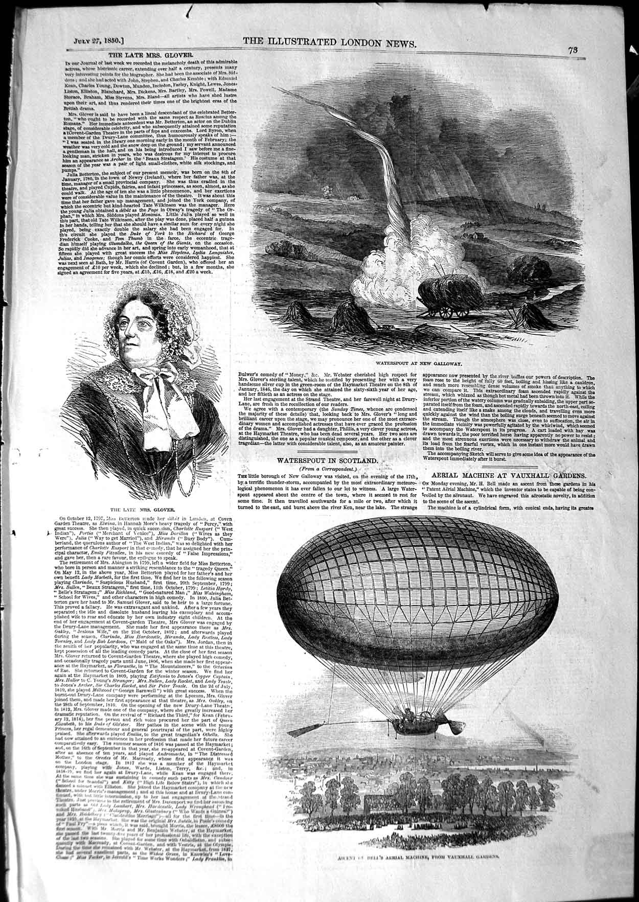 Original Old Antique Print 1850 Bell Aerial Vauxhall Glover Galloway Waterspout