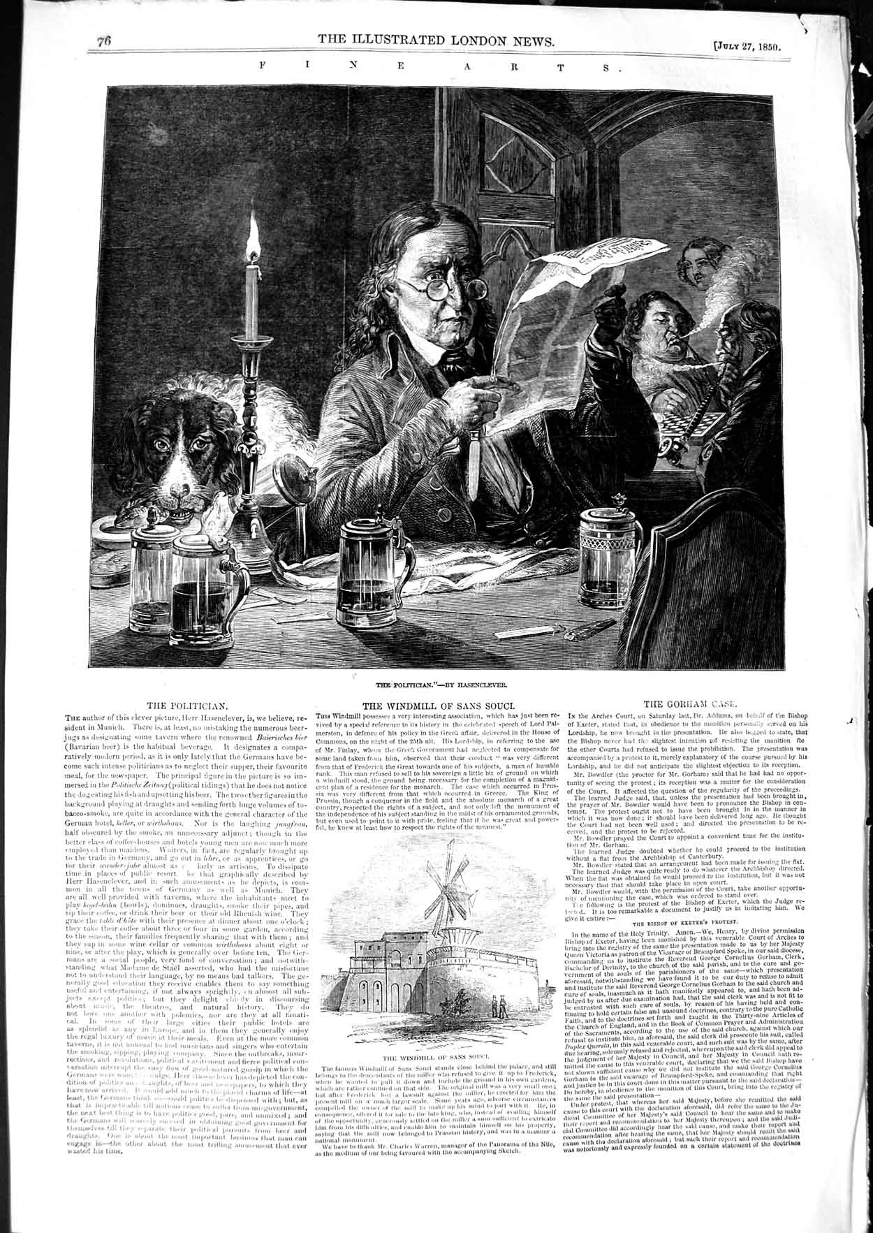 Original Old Antique Print 1850 Windmill Sans Souci Portrait Politician Man