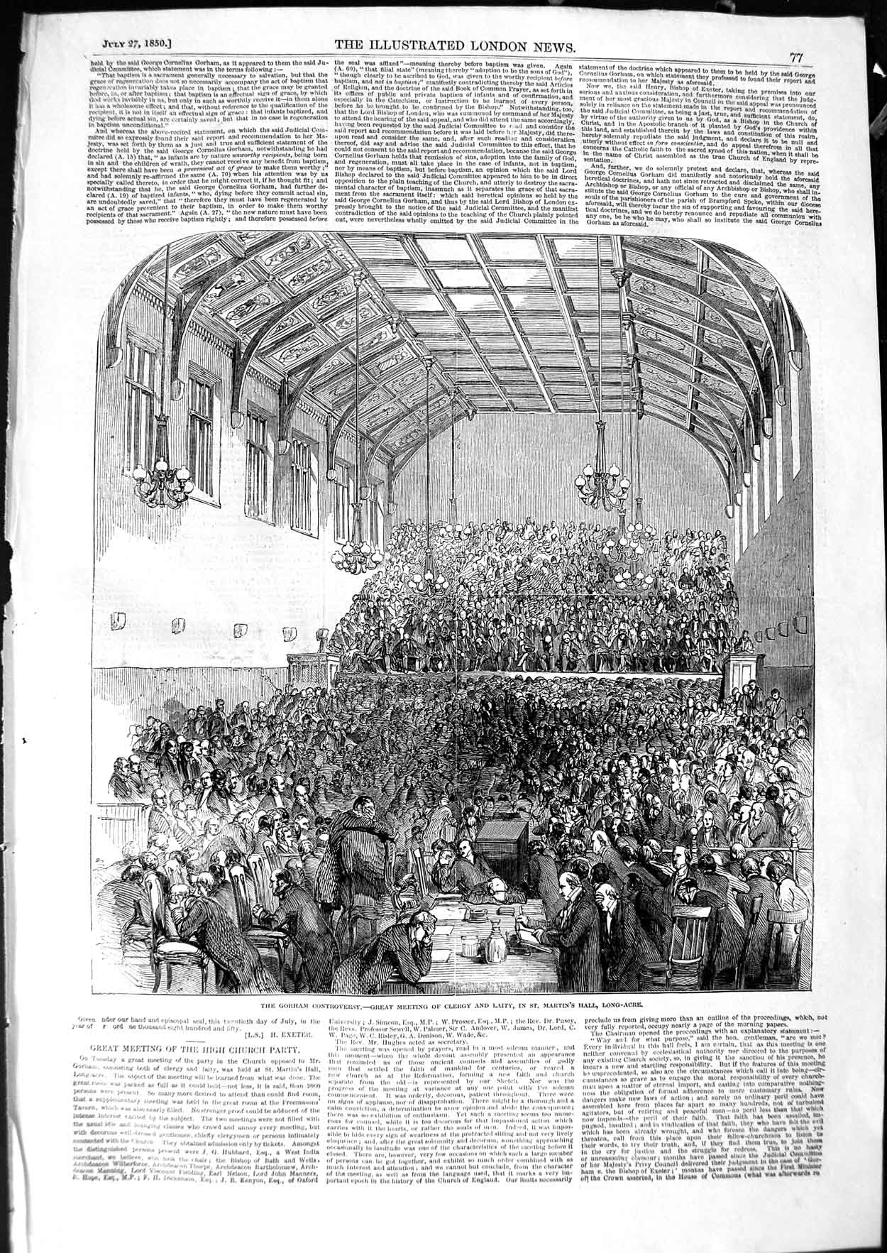Original Old Antique Print 1850 Gorham Meeting Clergy Laity Martin'S Long-Acre