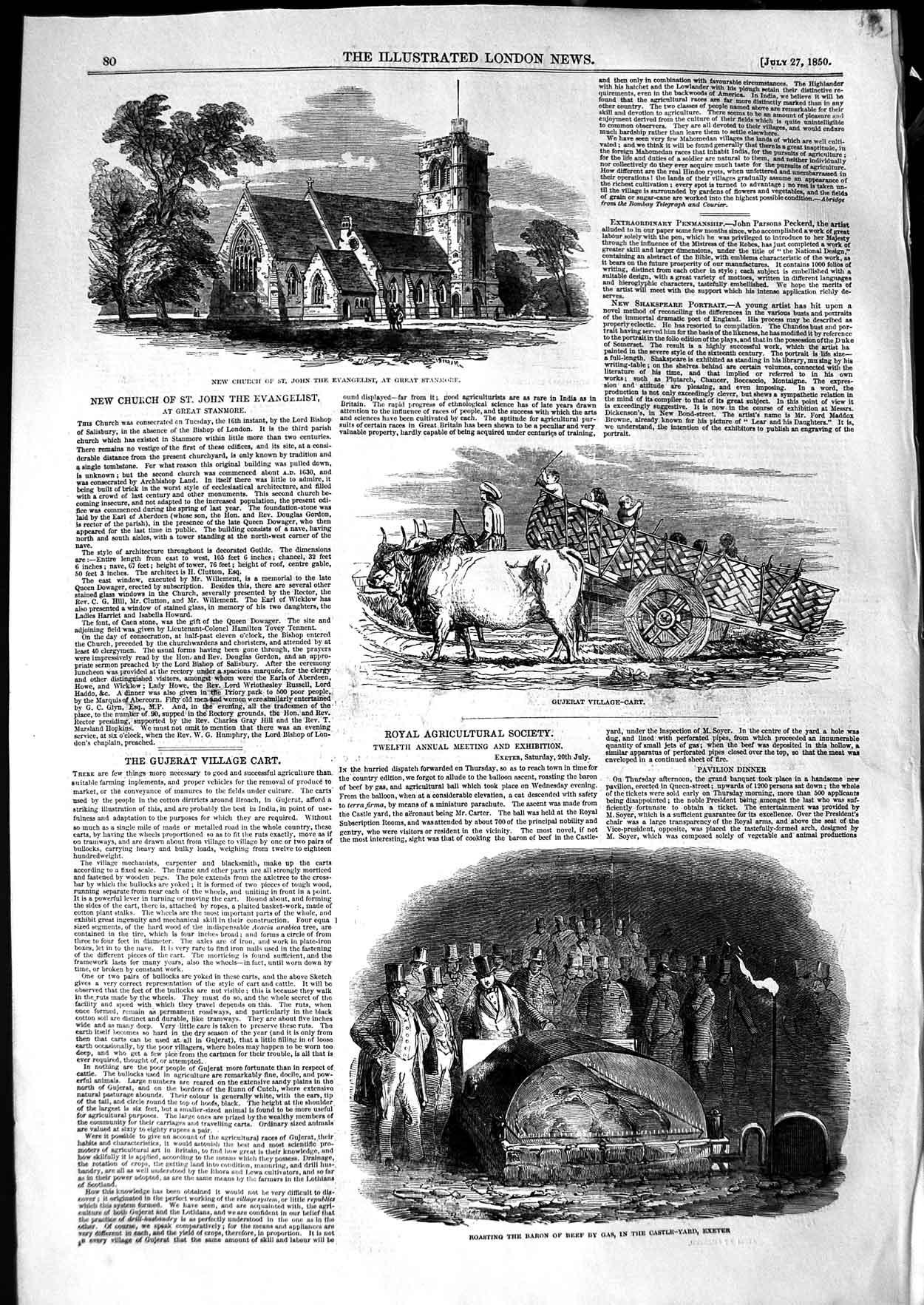 Original Old Antique Print 1850 Church Evangelist Stanmore Gujerat Village-Cart