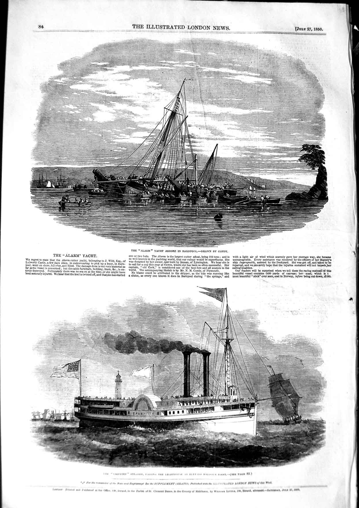 Old Antique Print 1850 Alarm Yacht Ship Barnpool Griffith Buffalo Harbour 19th
