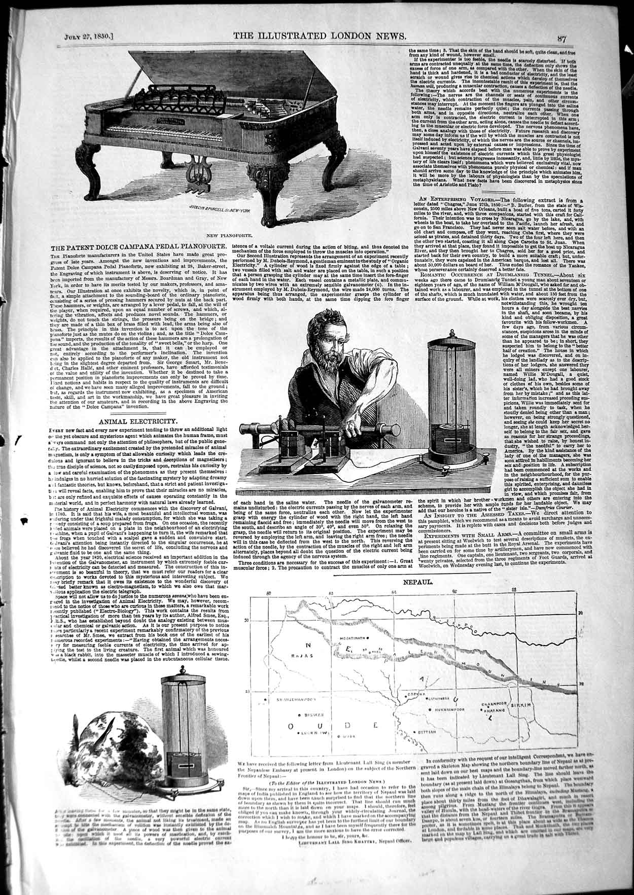 Old Antique Print 1850 Dolce Campana Pedal Pianoforte Electricity Nepaul 19th