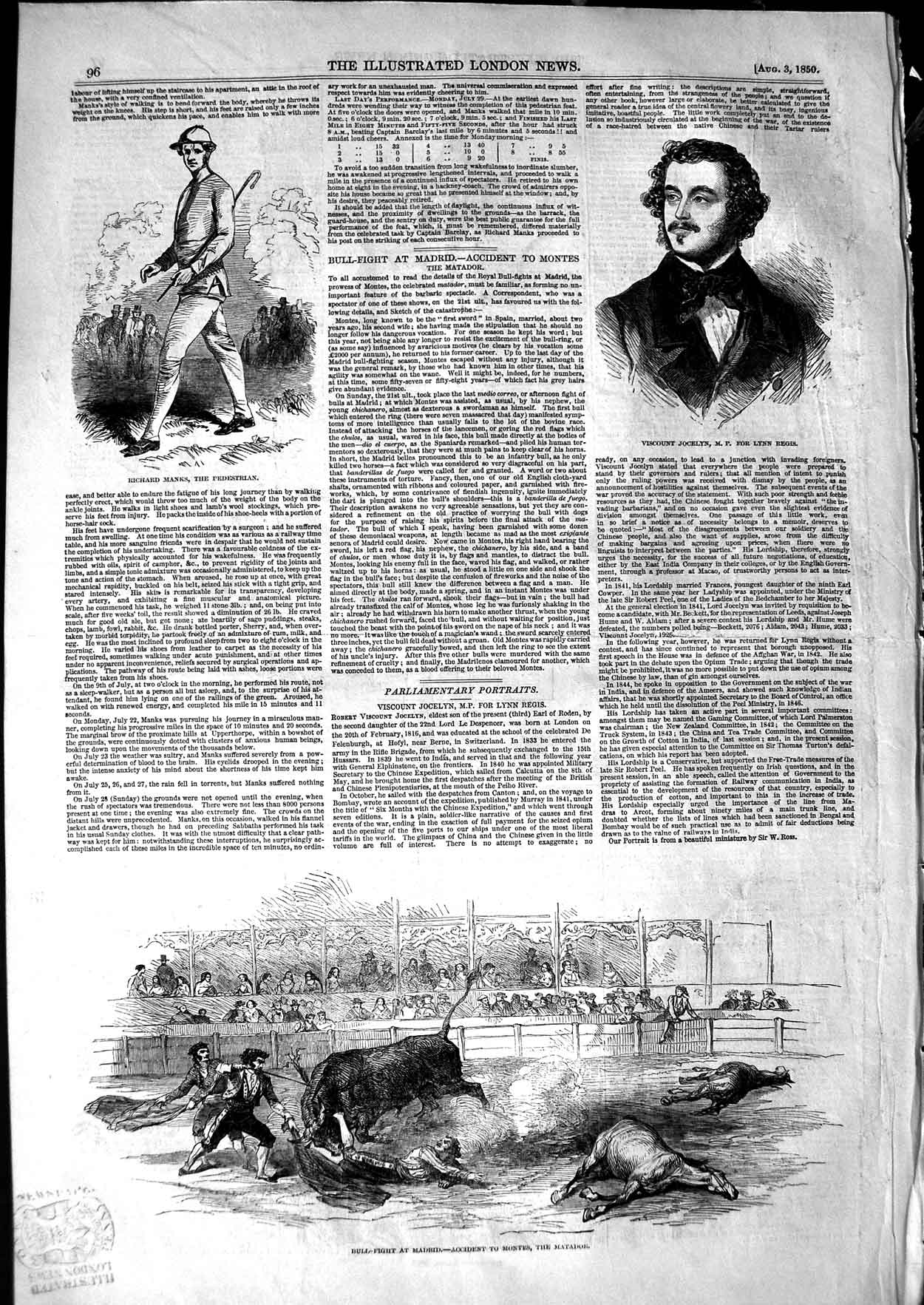 Original Old Antique Print 1850 Bull Fight Madrid Montes Jocelyn Richard Manks