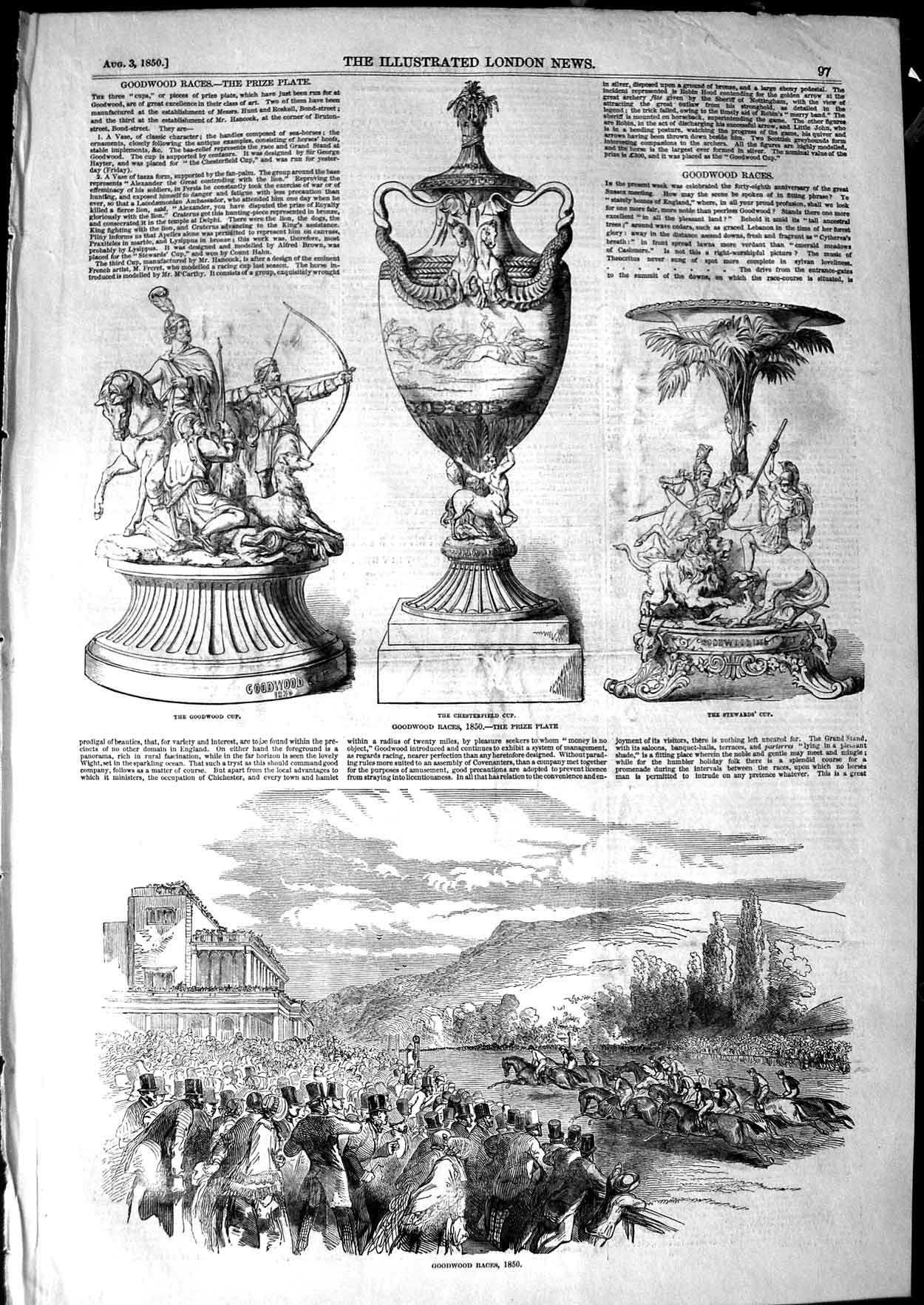 Original Old Antique Print 1850 Goodwood Horse Races Chesterfield Cup Stewards