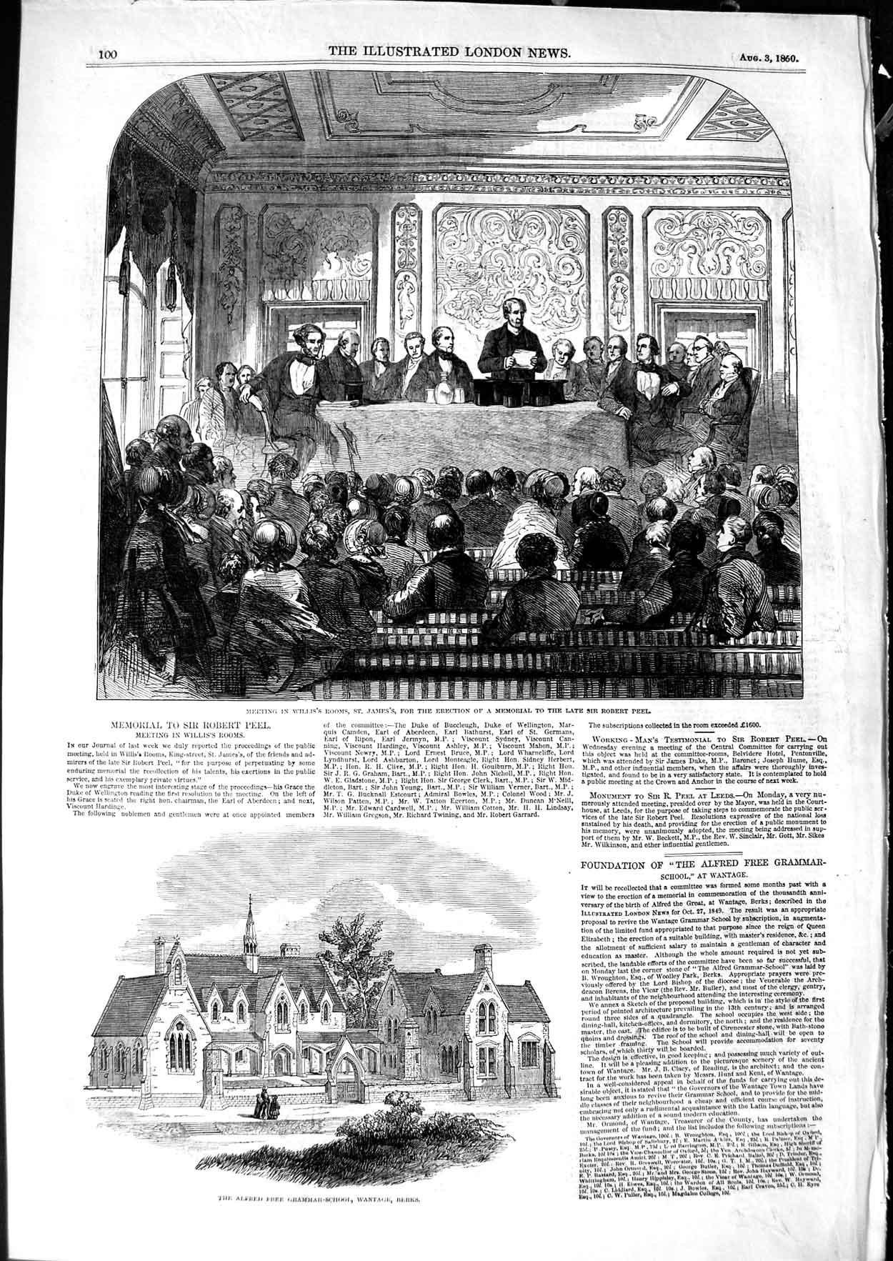 Original Old Antique Print 1850 Alfred Free Grammar School Wantage Robert Peel