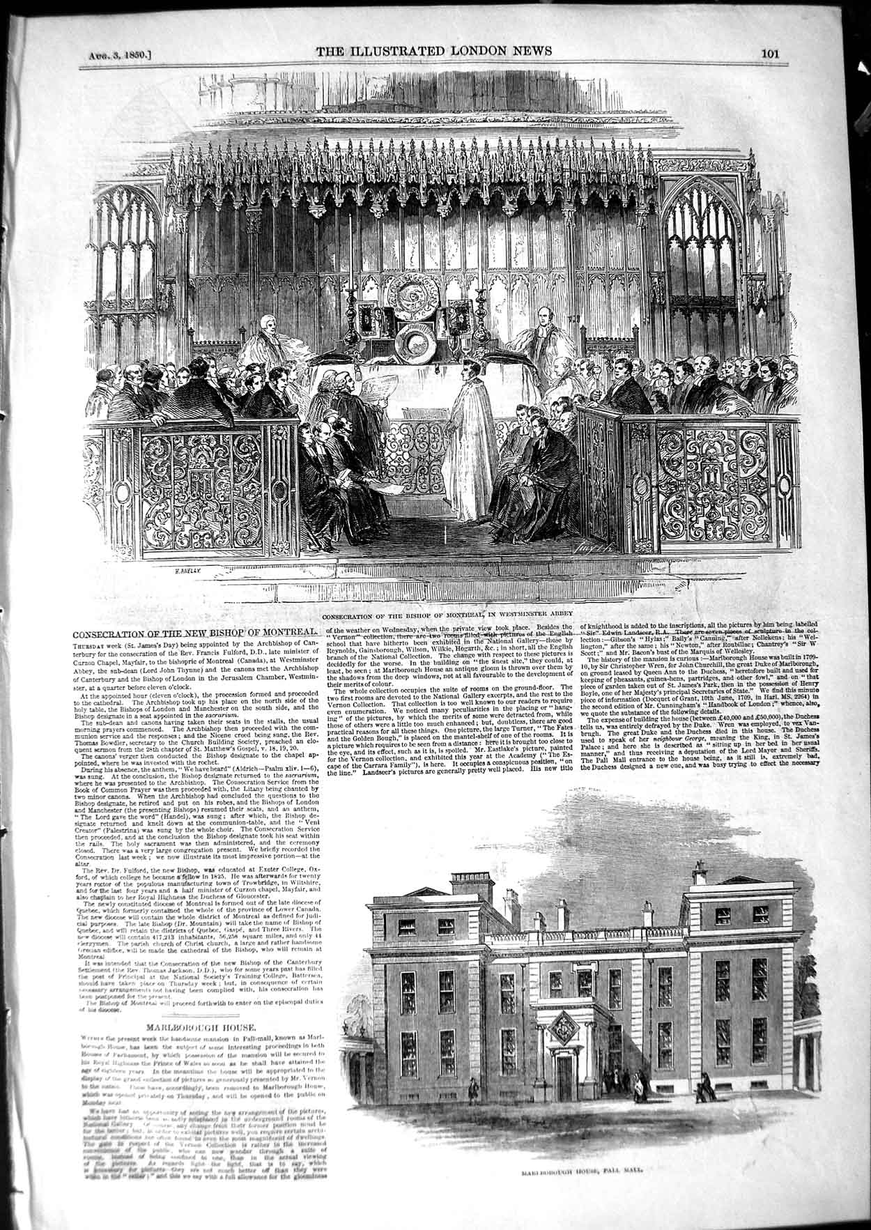 Original Old Antique Print 1850 Marlborough House Westminster Abbey Montreal