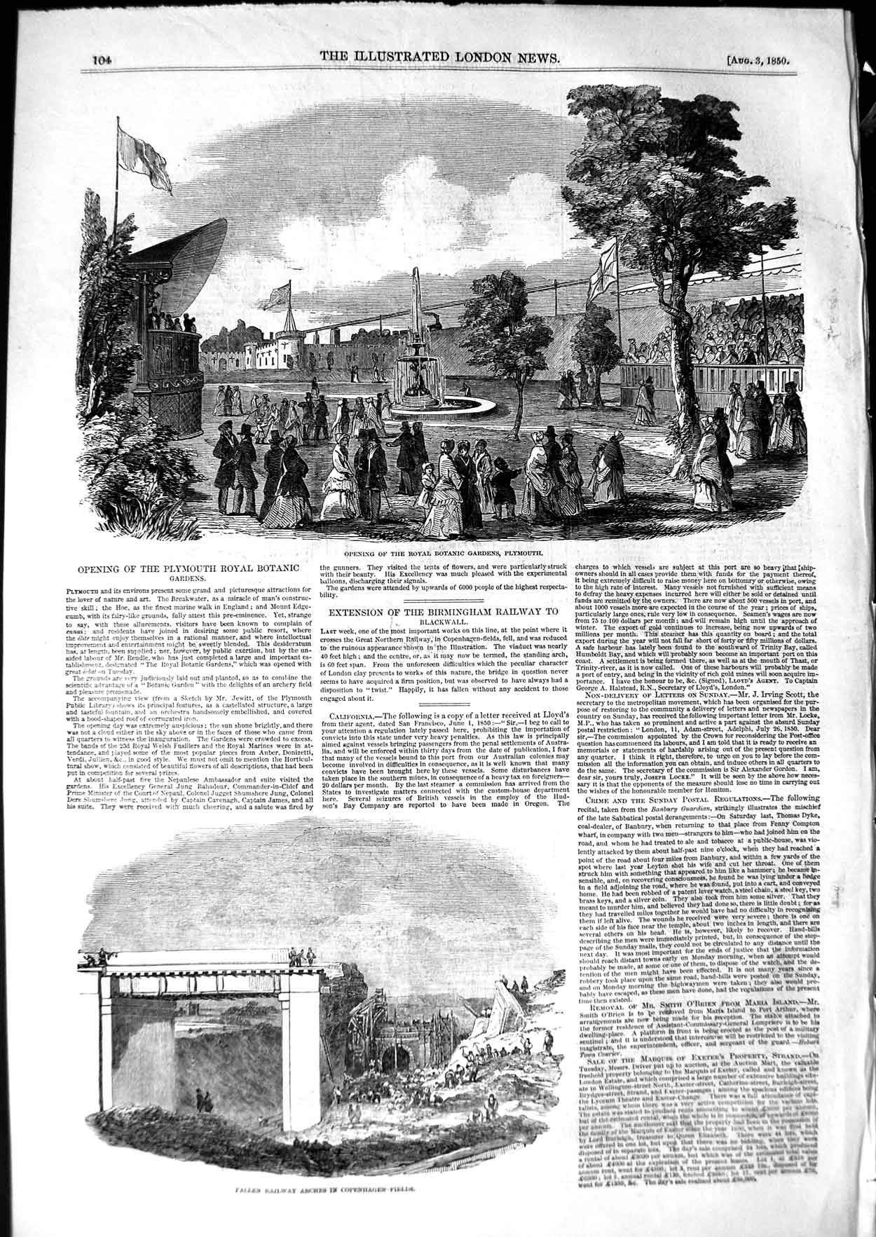 Old Antique Print 1850 Plymouth Botanic Gardens Railway Arches Copenhagen 19th