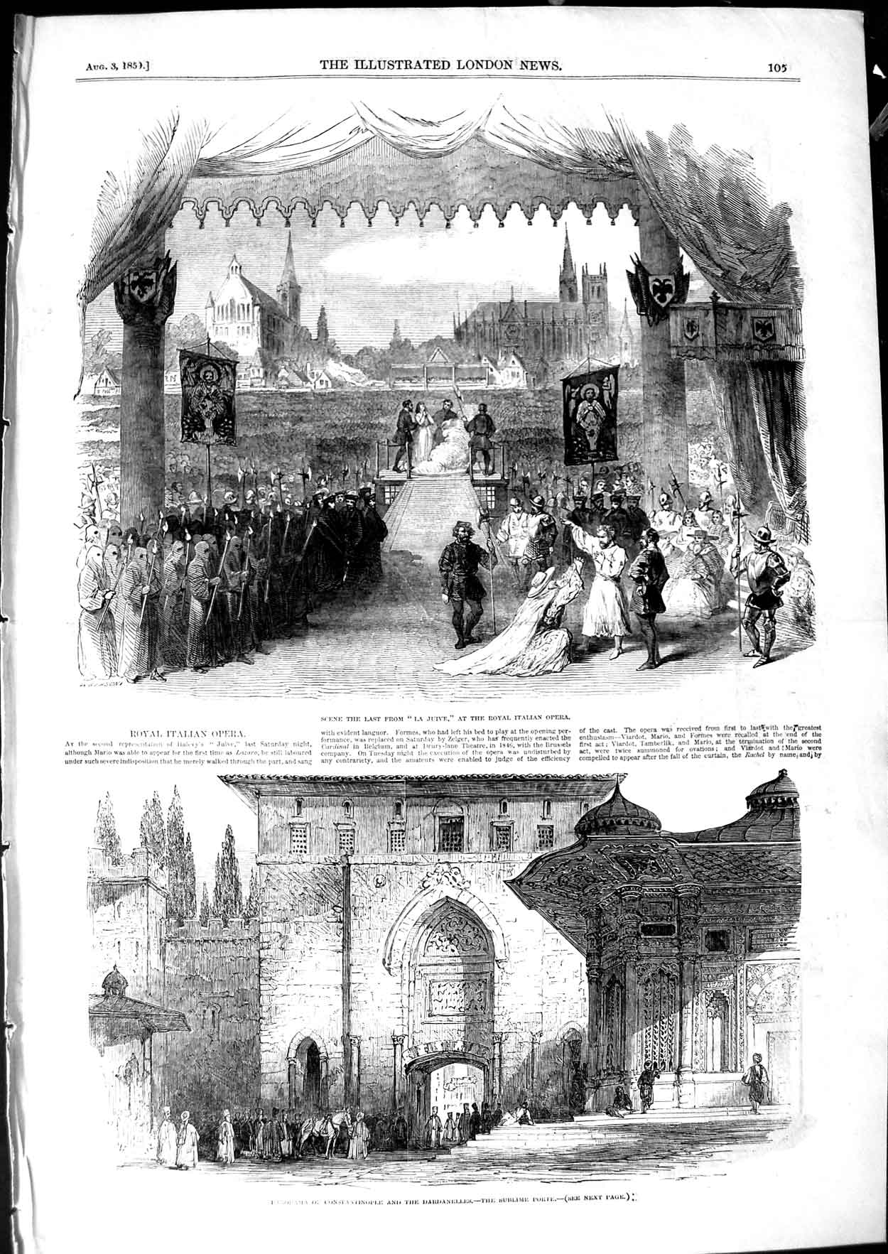 Old Antique Print 1850 La Juive Italian Opera Dardanelles Constantinople 19th