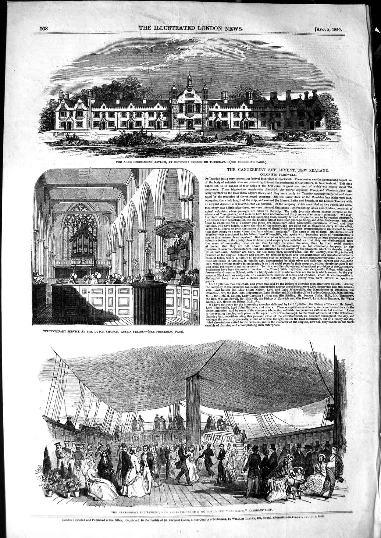 Old Antique Print 1850 Freemasons Asylum Croydon Randolph Emigrant Ship 19th