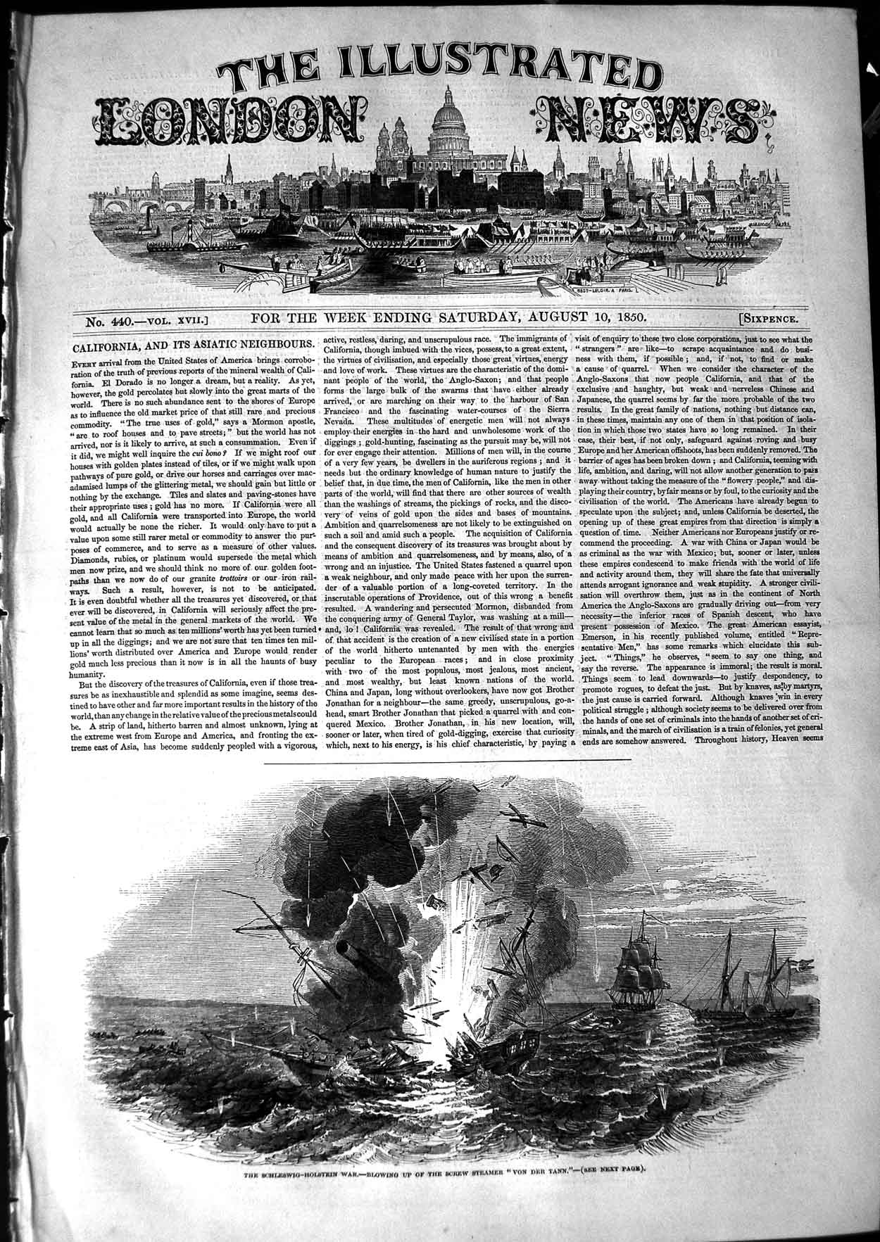 Old Antique Print 1850 Schleswig-Holstein War Ship Explosion Von Der Tann 19th