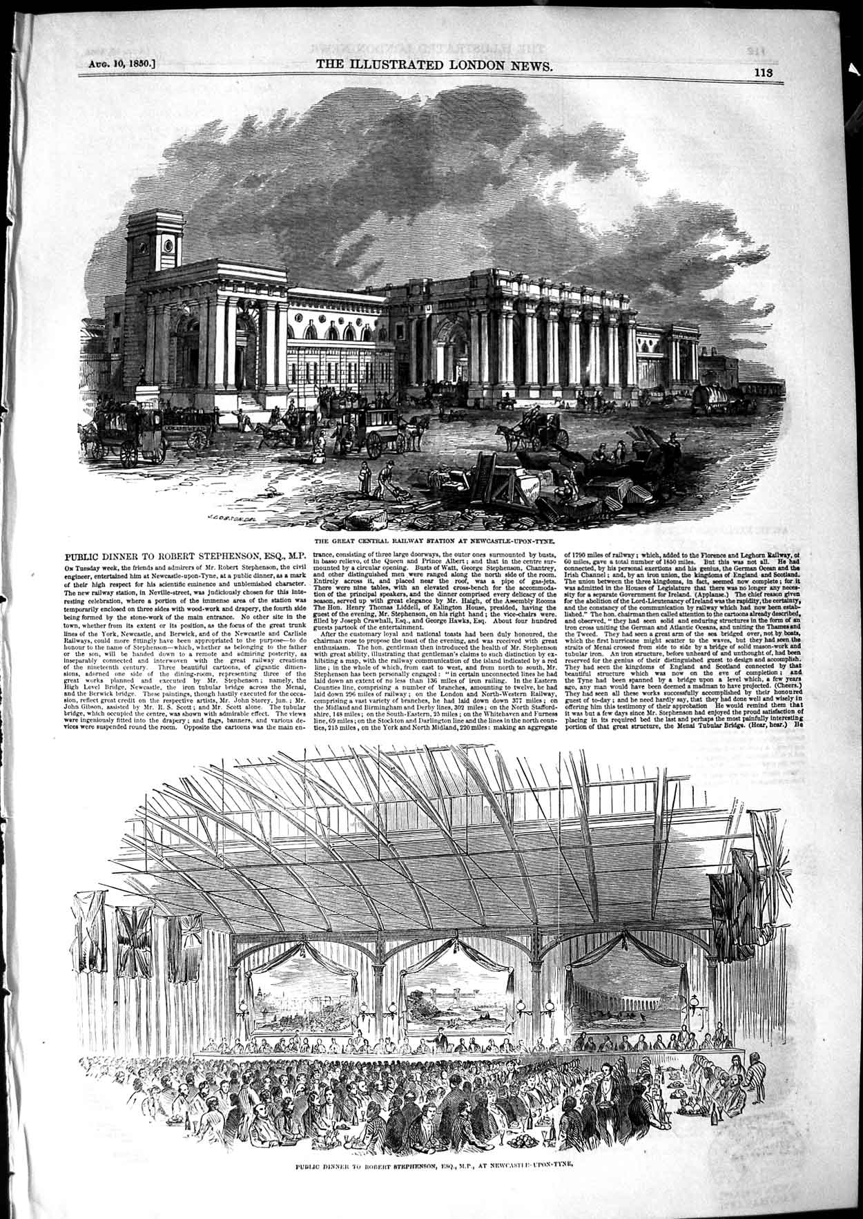 Original Old Antique Print 1850 Railway Station Newcastle-Upon-Tyne Stephenson