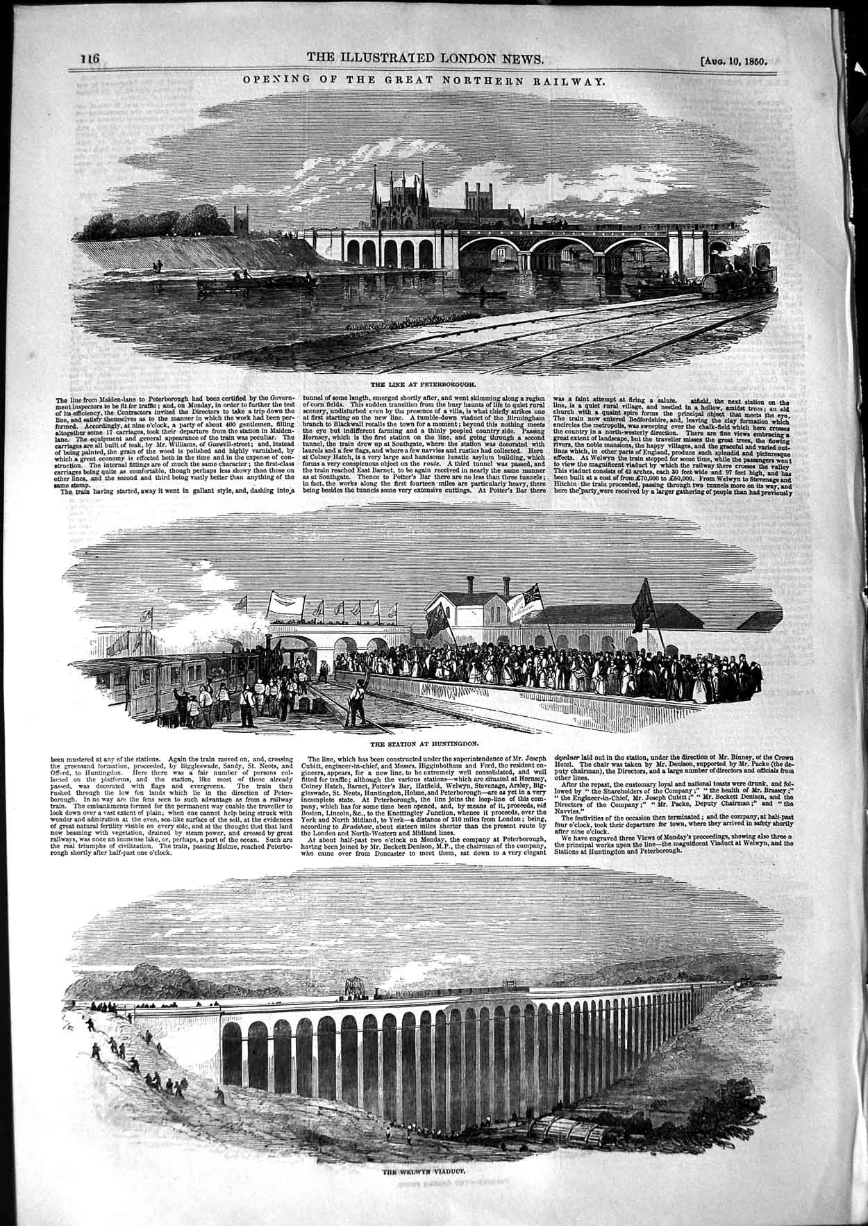 Original Old Antique Print 1850 Great Northern Railway Peterborough Welwyn 19th