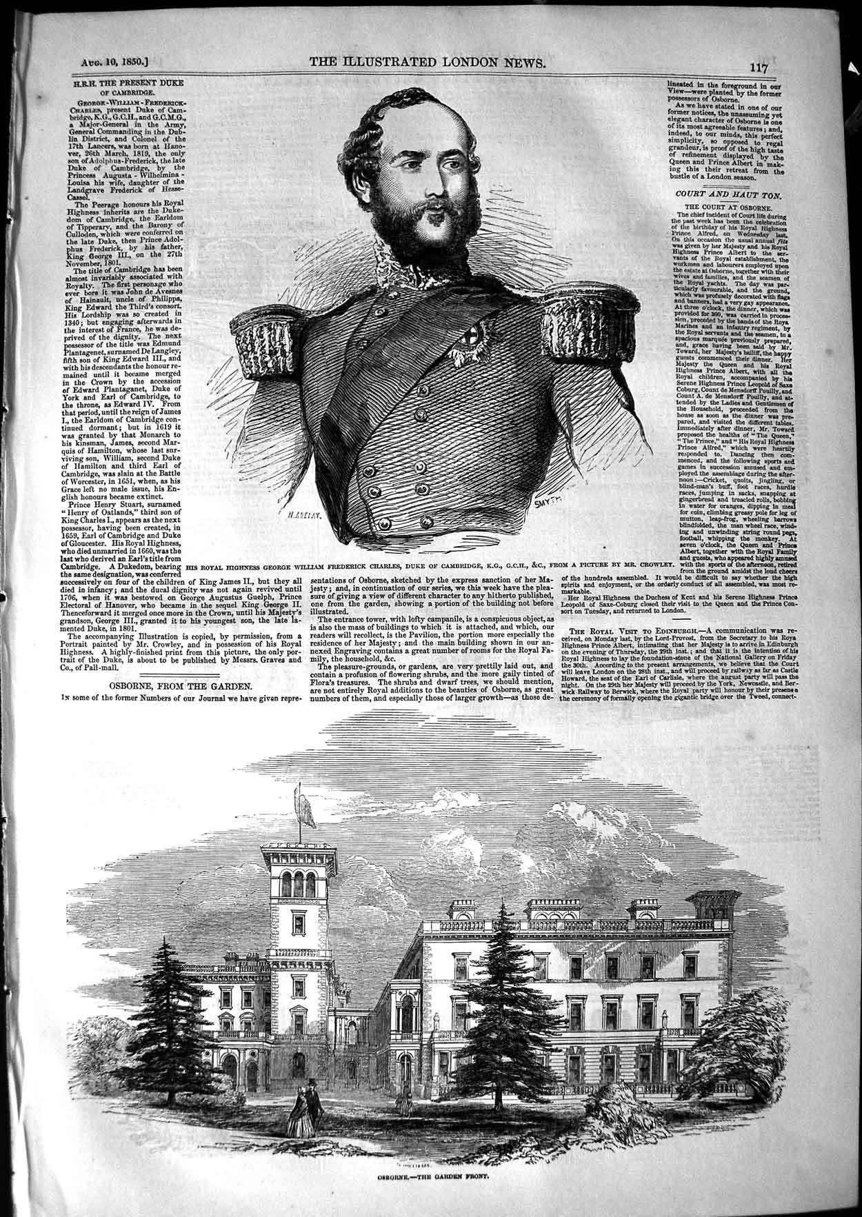 Original Old Antique Print 1850 George Charles Duke Cambridge Osborne House