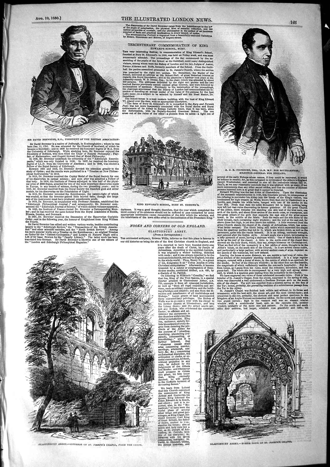 Old Antique Print 1850 Glastonbury Abbey Edward School Brewster Cockburn 19th