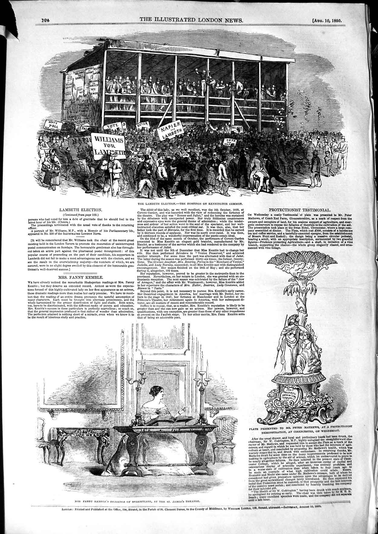 Old Antique Print 1850 Lambeth Election Kennington Common Kemble Theatre 19th