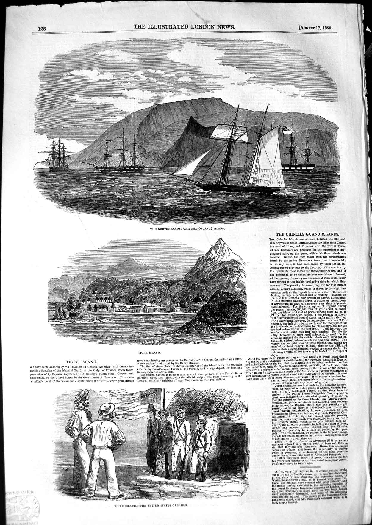Old Antique Print 1850 Tigre Island United States Garrison Chincha Ships 19th