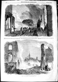 Original Old Antique Print 1850 Great Fire Gravesend England Buildings Fire-Men
