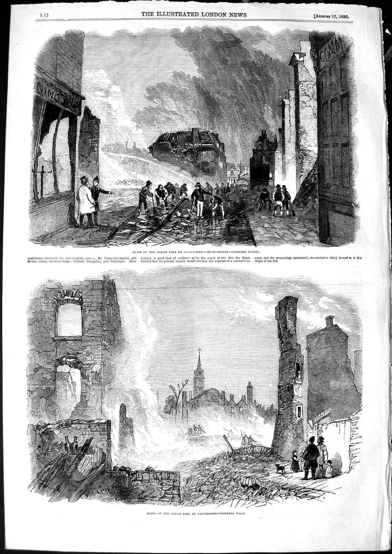 Original Old Antique Print 1850 Great Fire Gravesend England Buildings Fire-Men