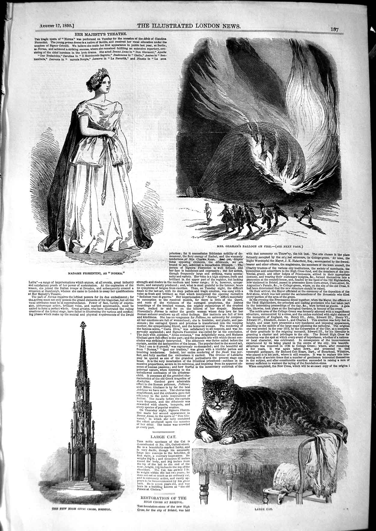 Original Old Antique Print 1850 Fiorentini Graham Balloon Civic Cross Bristol