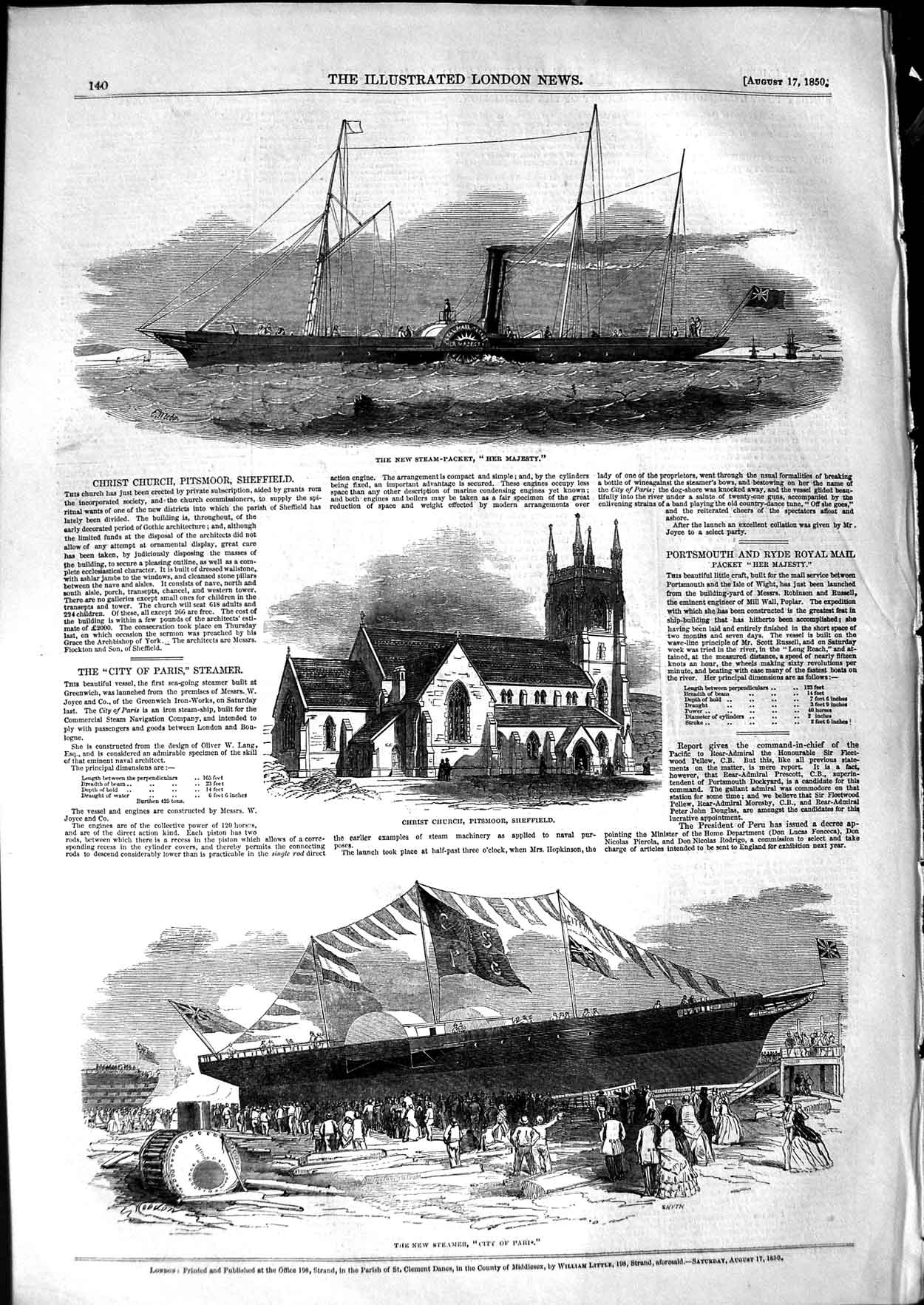 Original Old Antique Print 1850 Steam Packet Ship Her Majesty Church Sheffield