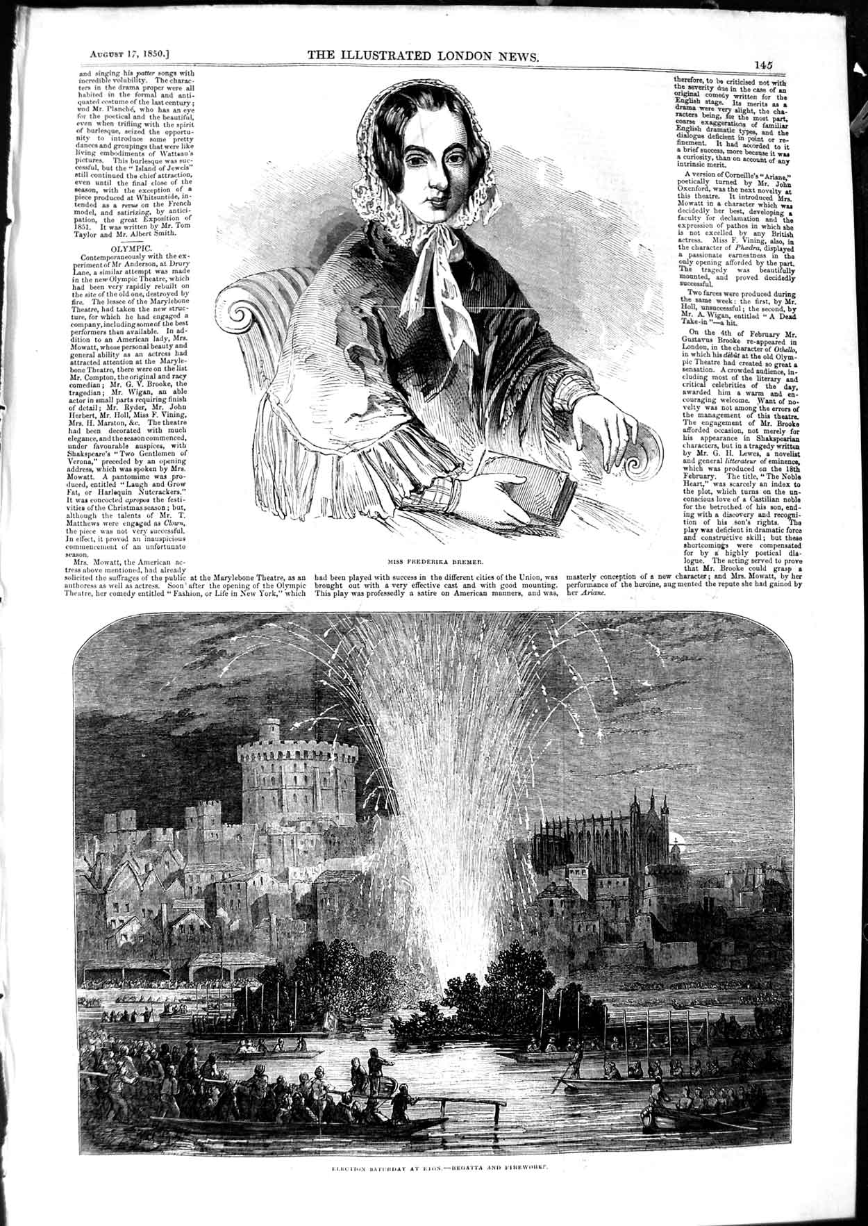 Original Old Antique Print 1850 Frederika Bremer Eton Regatta Fireworks Boats