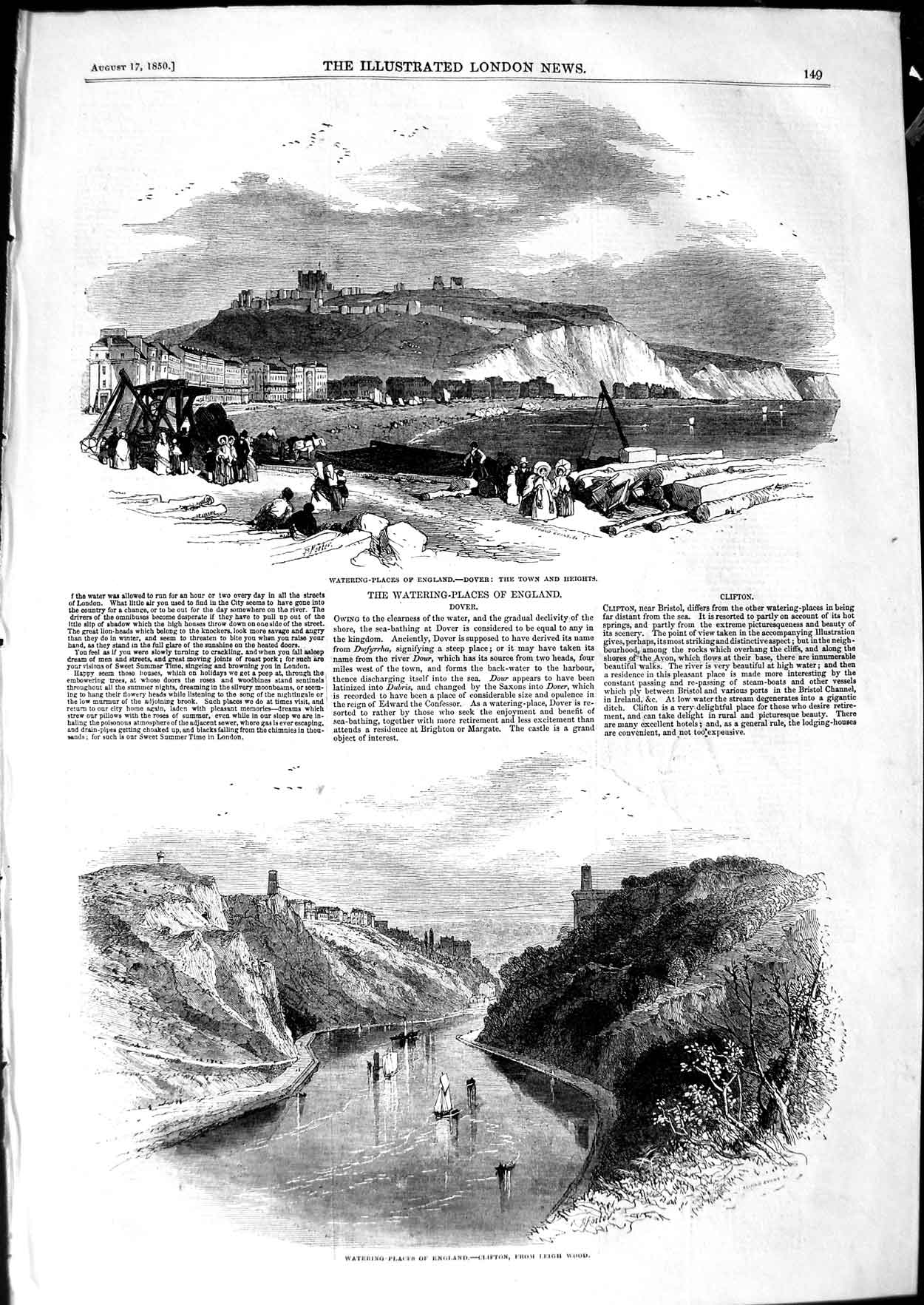 Original Old Antique Print 1850 England Town Dover Clifton Leigh Wood Yachts