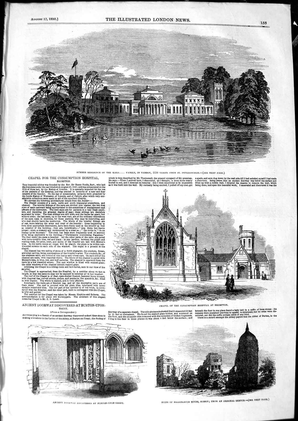 Old Antique Print 1850 Chapel Consumption Hospital Brompton Kara Tamboy 19th