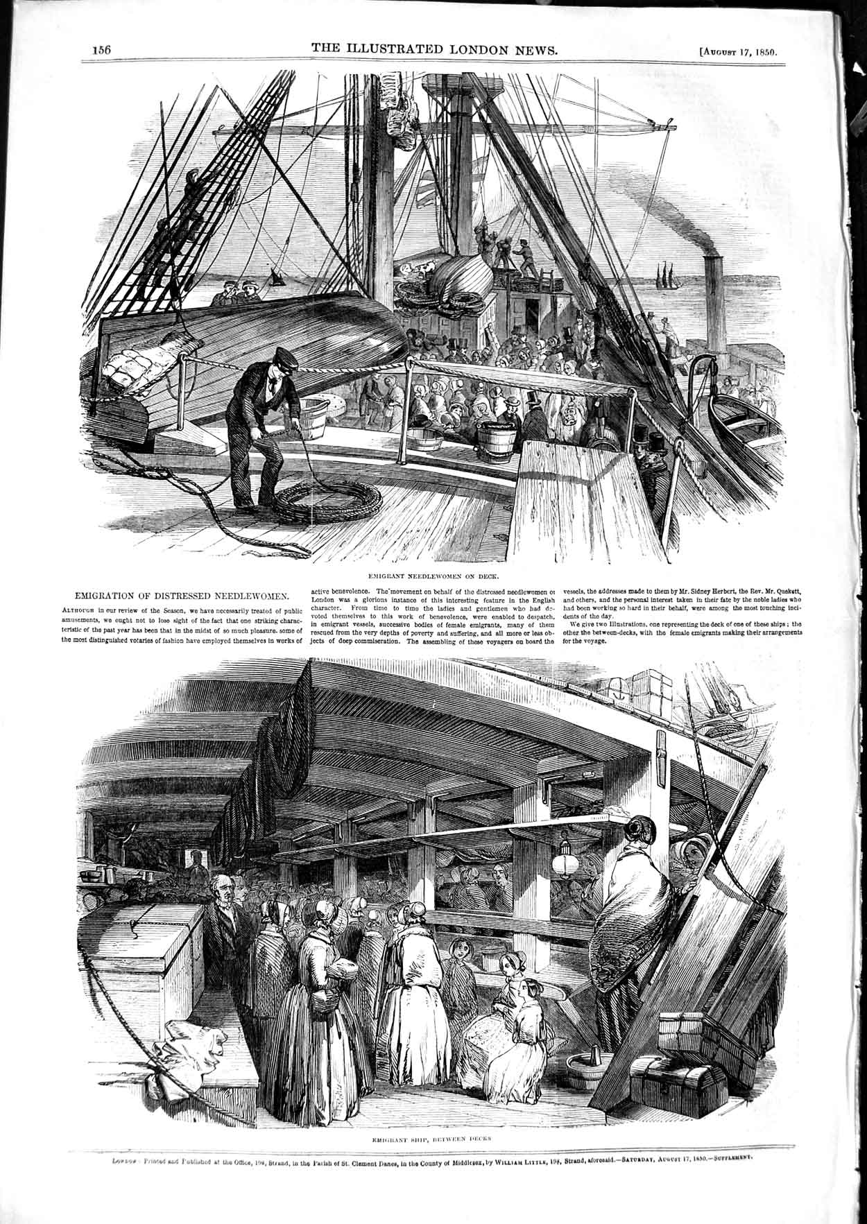 Original Old Antique Print 1850 Emigration Needlewomen Deck Ship 19th