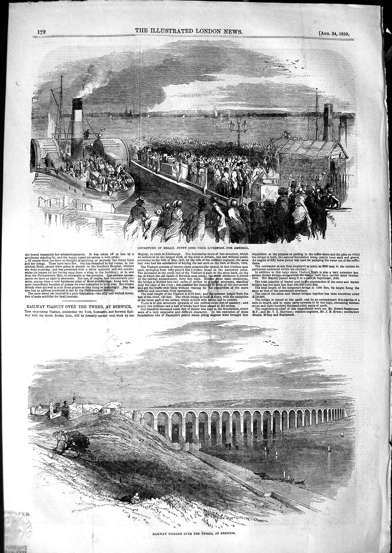 Old Antique Print 1850 Jenny Lind Ship Liverpool Railway Viaduct Berwick 19th
