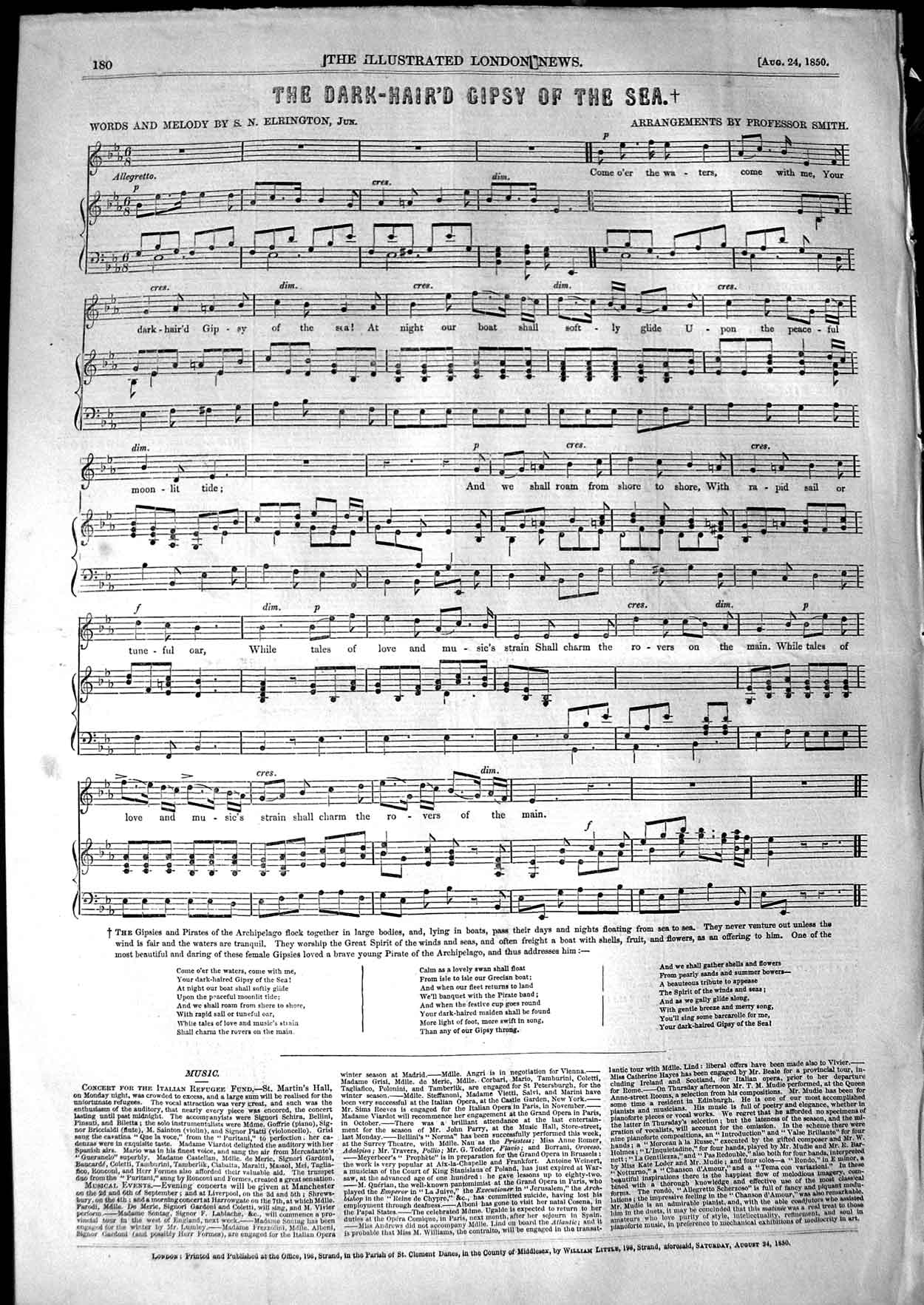 Old Antique Print 1850 Sheet Music Dark-Hair'D Gipsy Sea Elrington Smith 19th
