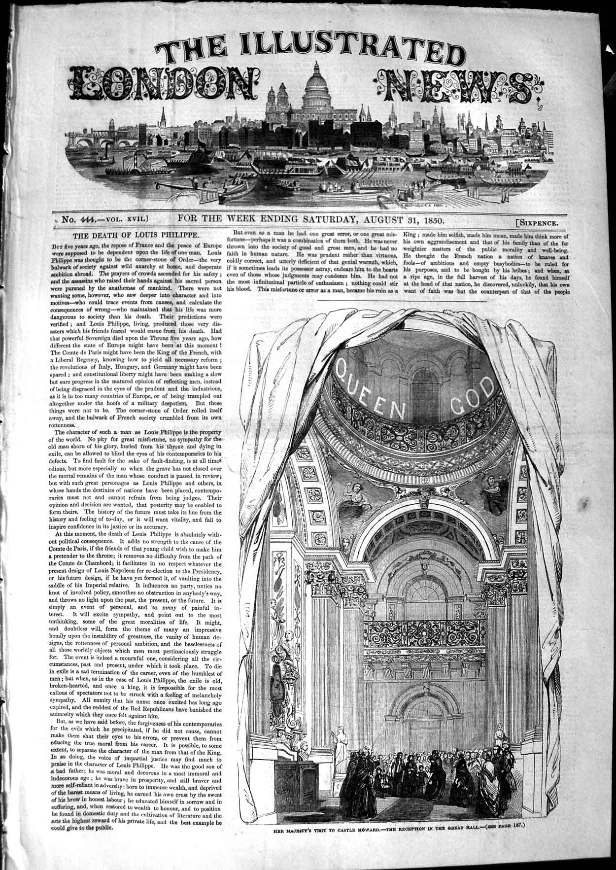 Original Old Antique Print 1850 Queen Castle Howard Reception Grat Hall Scene