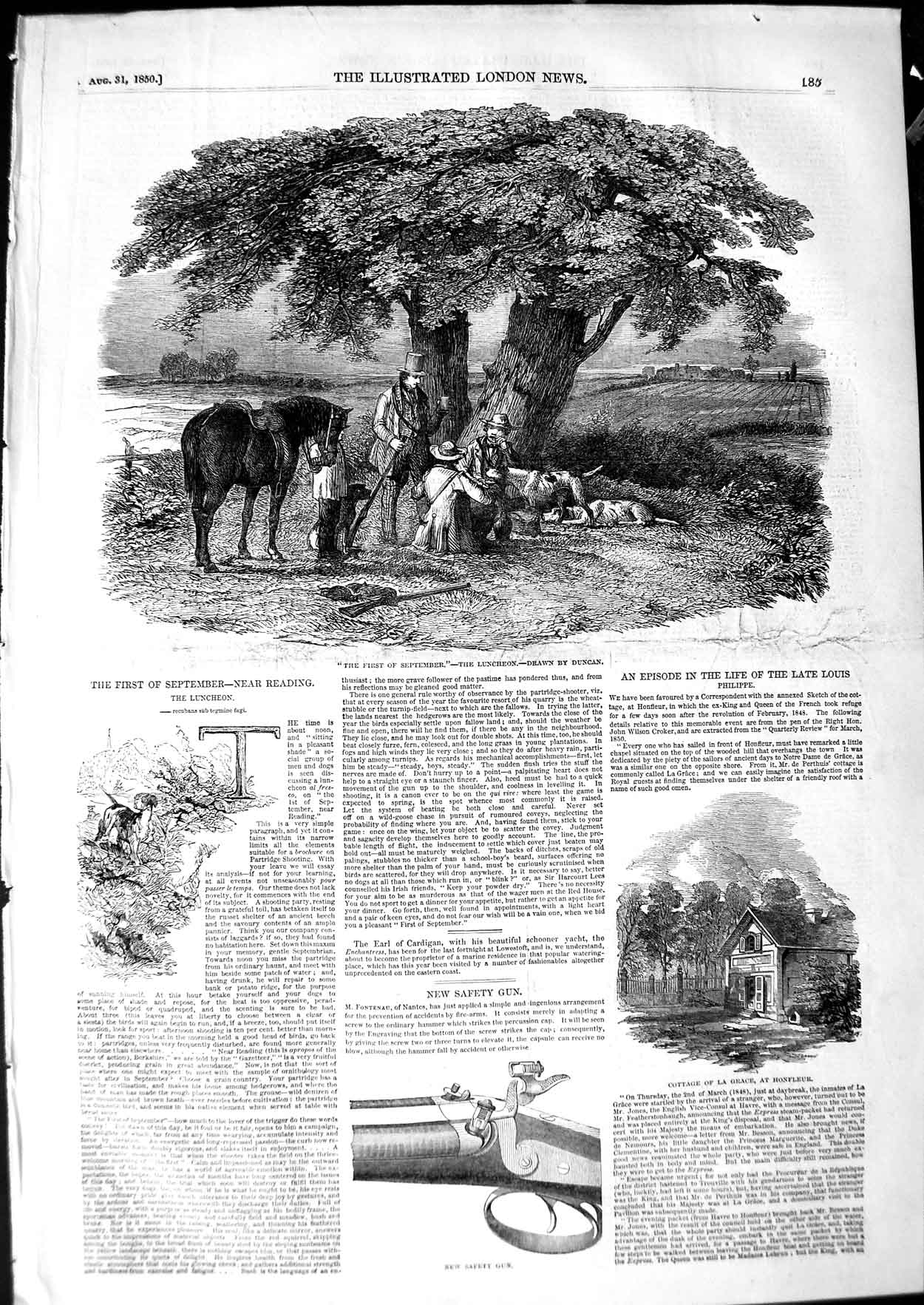 Old Antique Print 1850 Safety Gun Cottage Honfleur Shooting Season Sport 19th