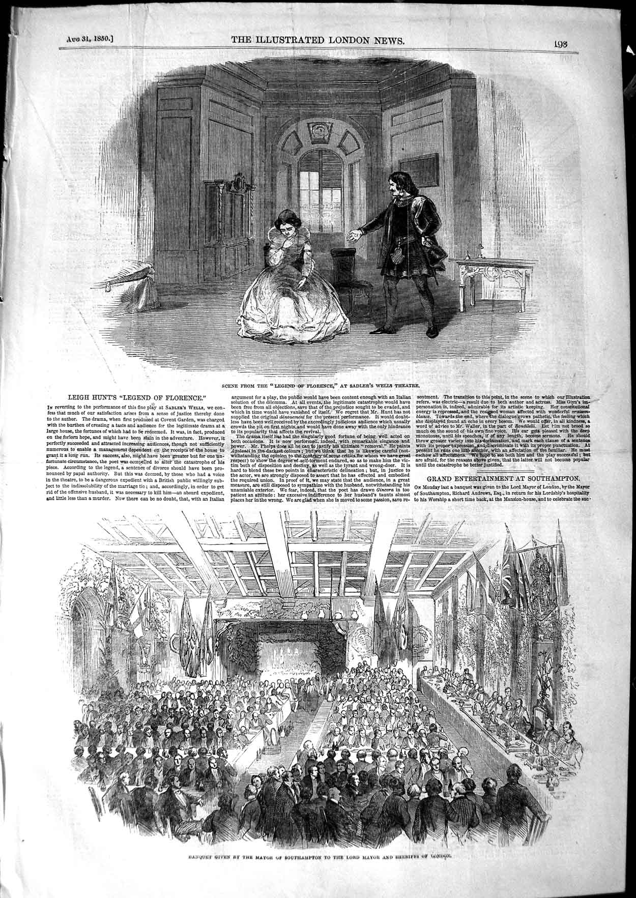 Old Antique Print 1850 Sadler'S Wells Theatre Banquet Mayor Southampton 19th