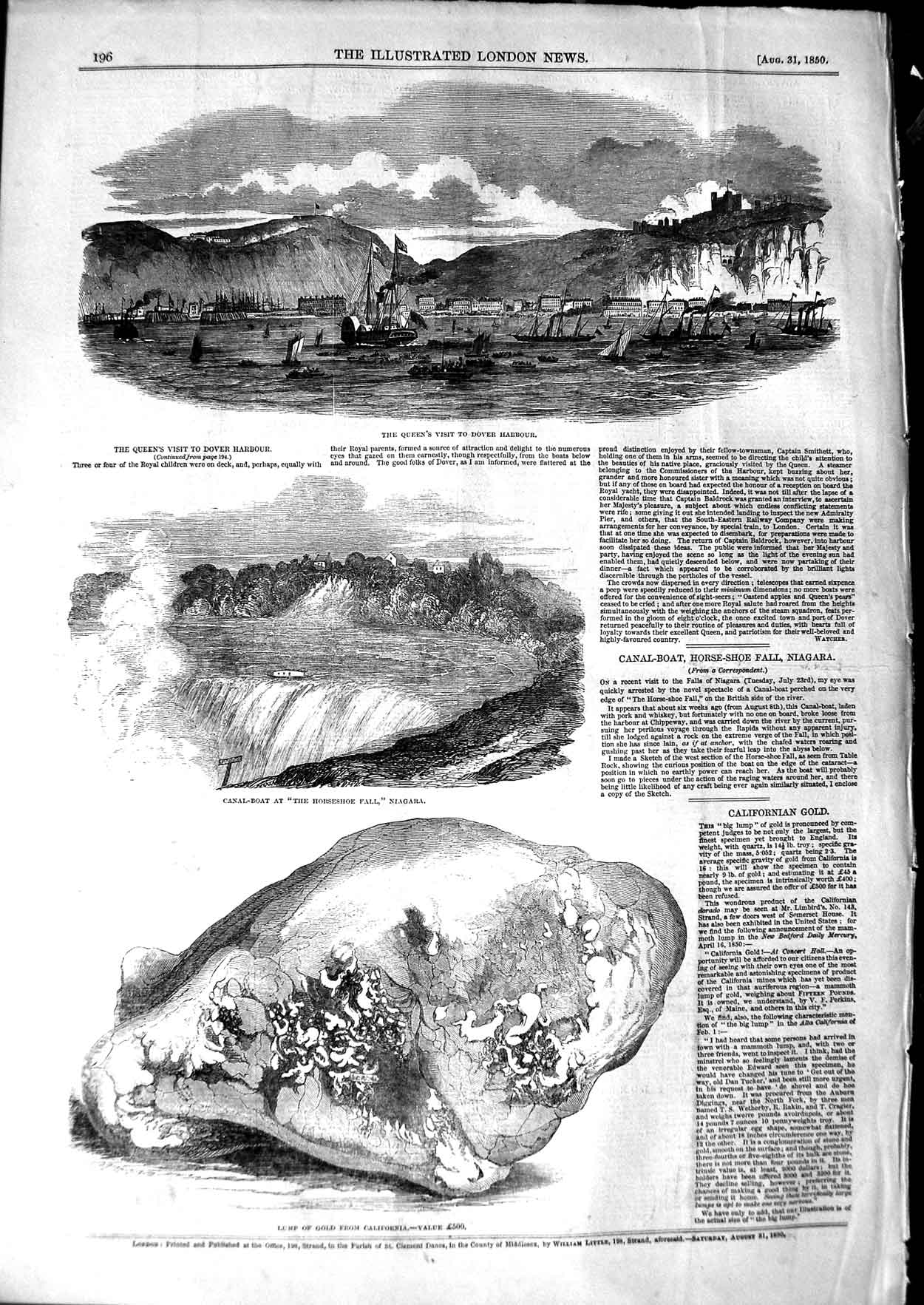 Original Old Antique Print 1850 Queen Dover Harbour Horseshoe Fall Niagara G