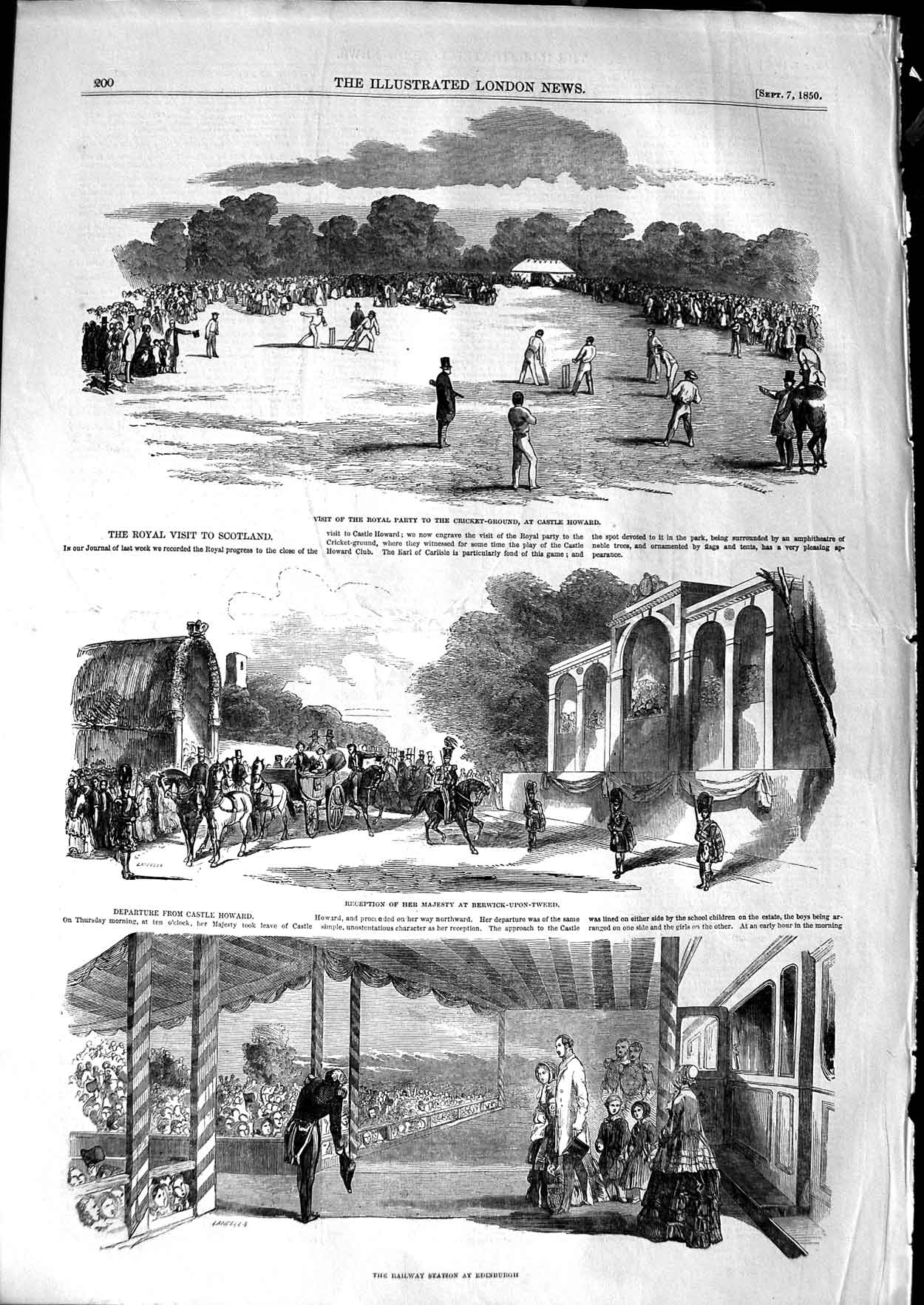 Original Old Antique Print 1850 Cricket Castle Howard Edinburgh Holyrood Queen