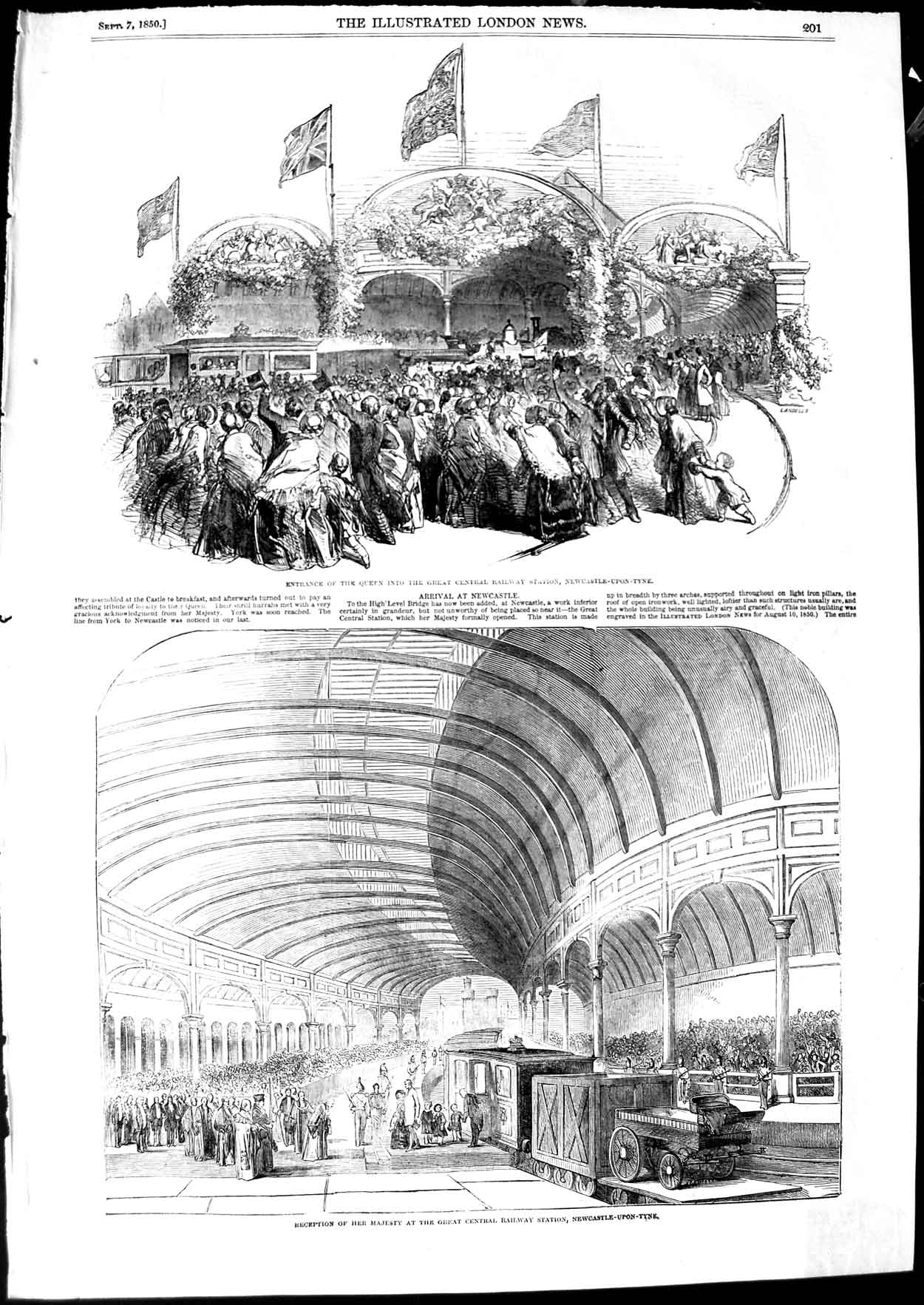 Original Old Antique Print 1850 Queen Railway Station Newcastle-Upon-Tyne Train