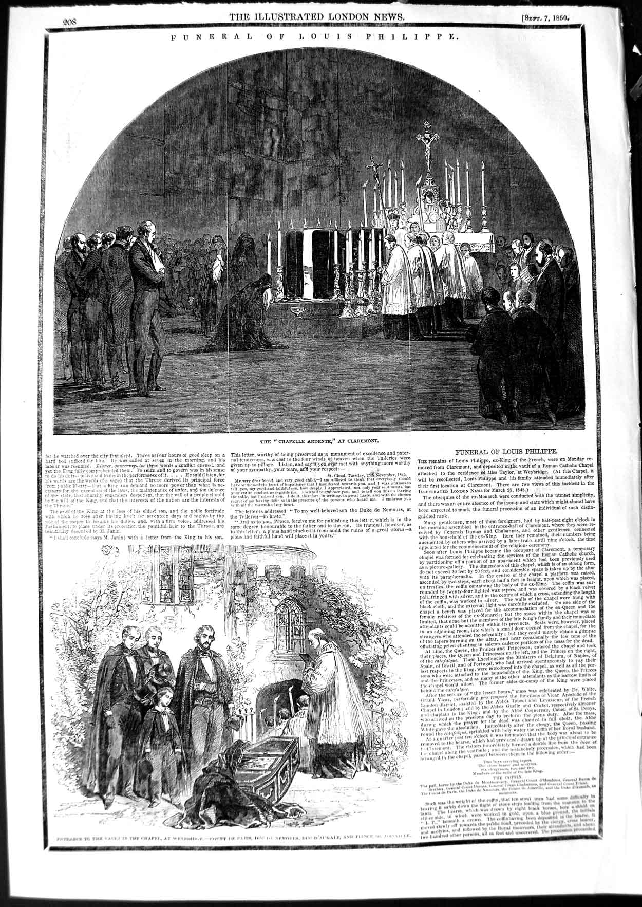 Old Antique Print 1850 Funeral Louis Philippe Palace Claremont Weybridge 19th