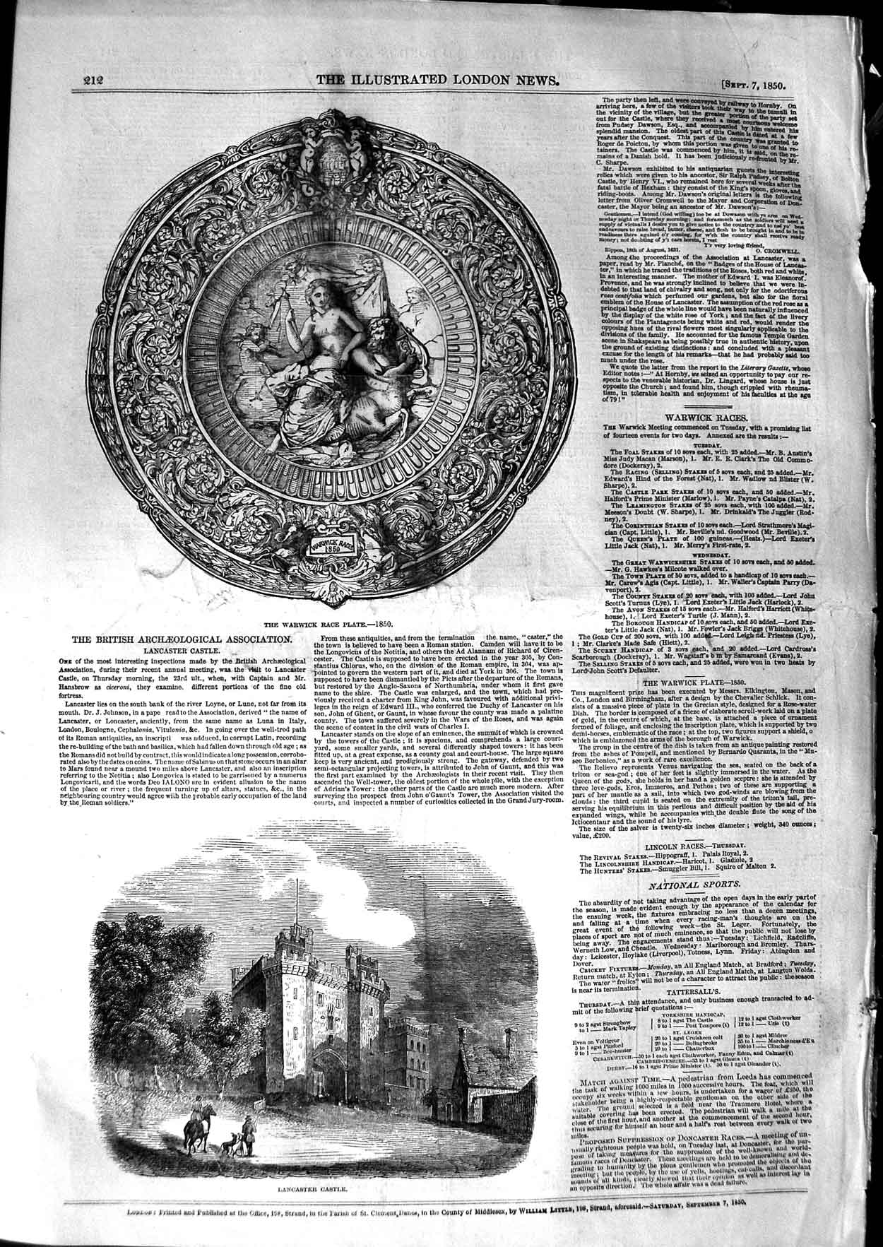 Antique Old Print *3168 1850 Warwick Race Plate Lancaster Castle Archaeology