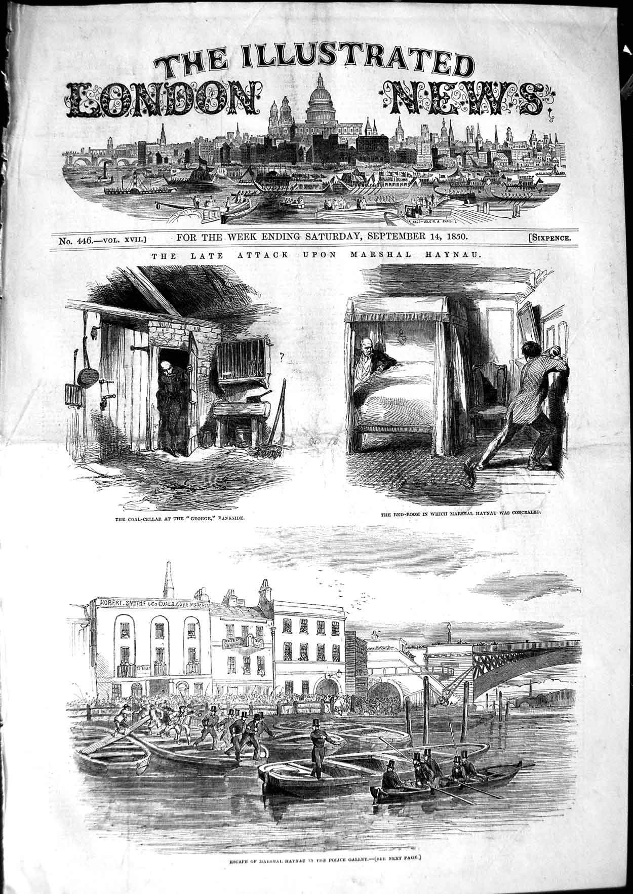 Original Old Antique Print 1850 Attack Marshal Haynau Police Galley Coal Cellar