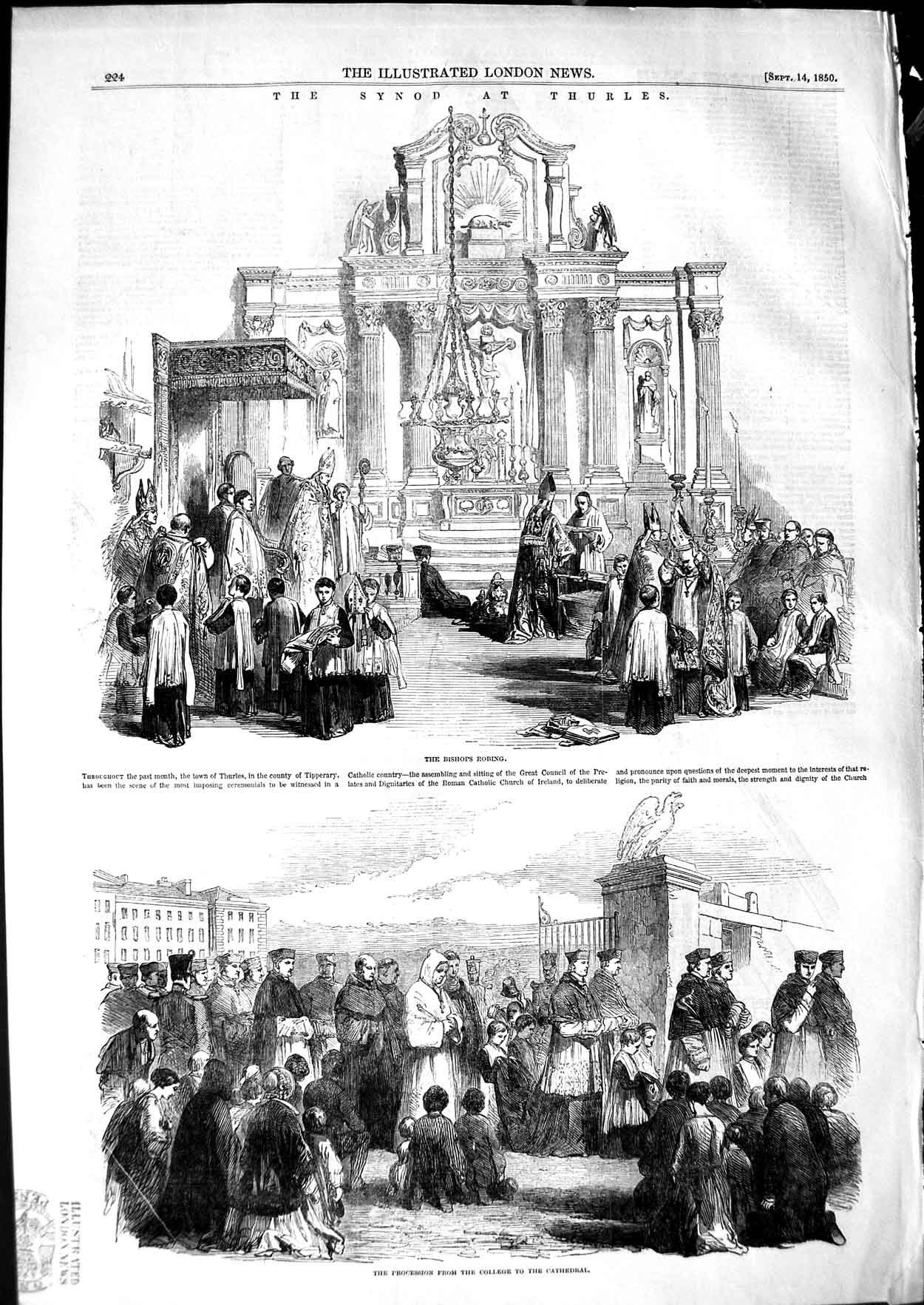 Original Old Antique Print 1850 Synod Thurles Bishops Robing Tipperary Ireland