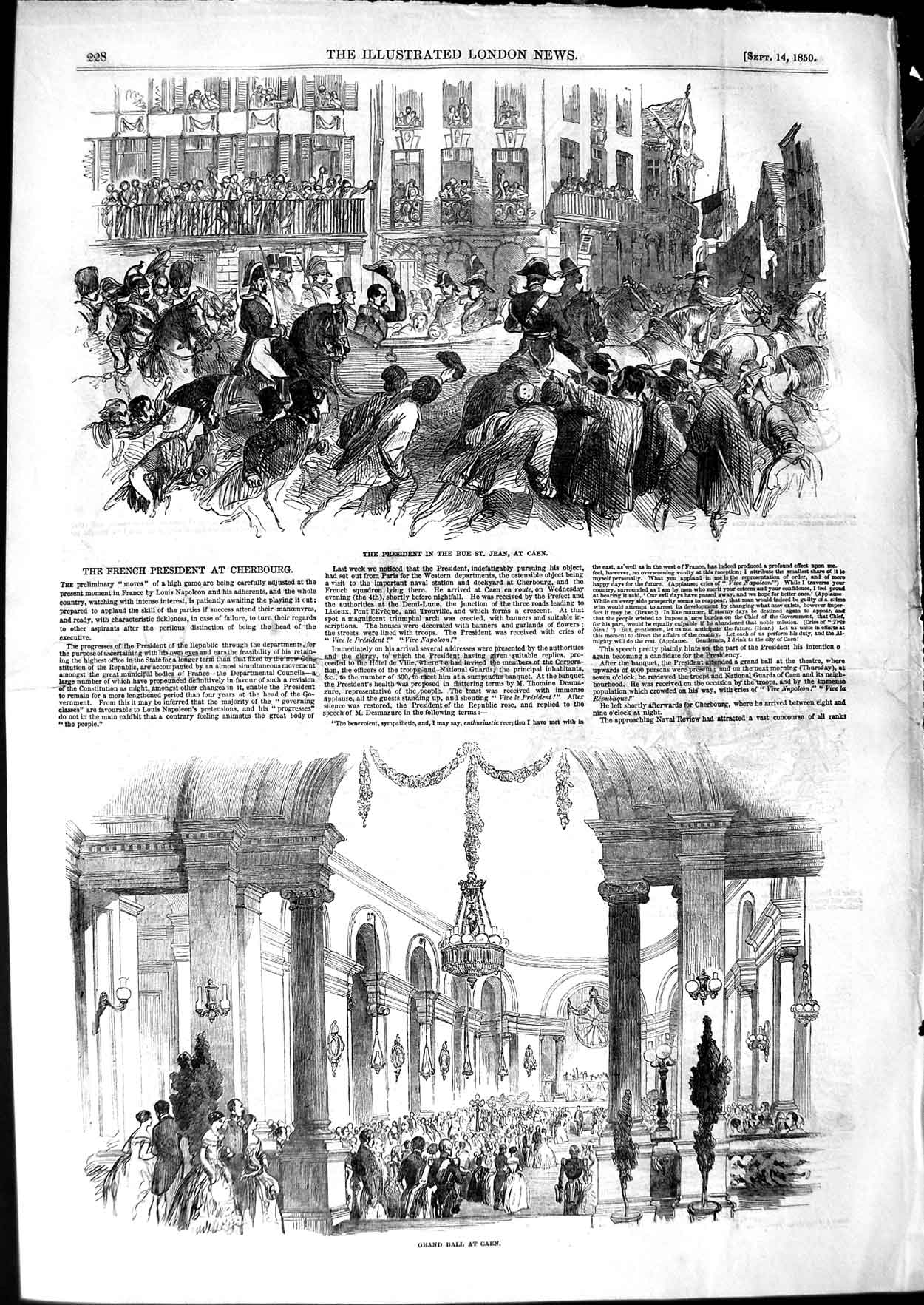 Original Old Antique Print 1850 French President Rue Jean Caen Ball Cherbourg